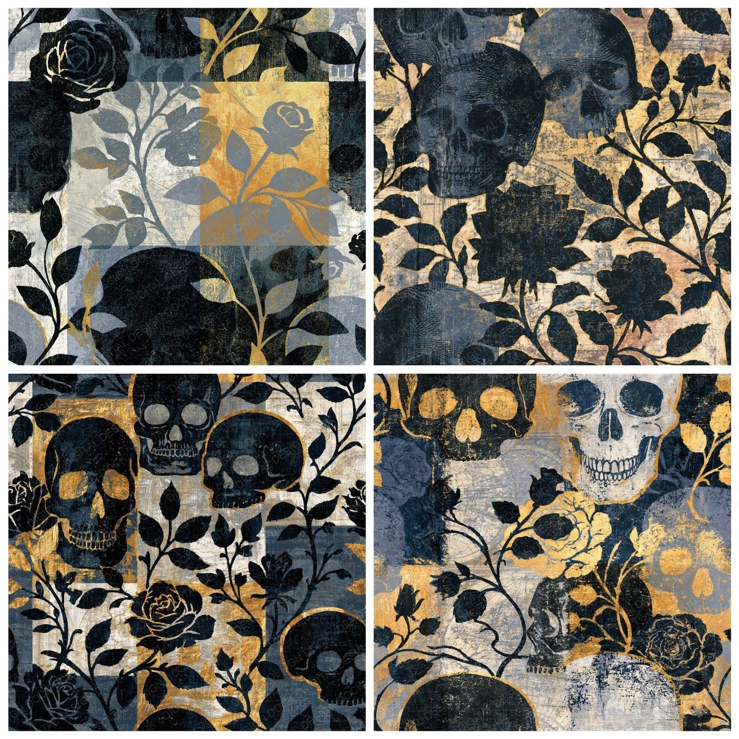 Woodcut Skulls Roses Bone Seamless Digital Paper Pack (DDD014704)