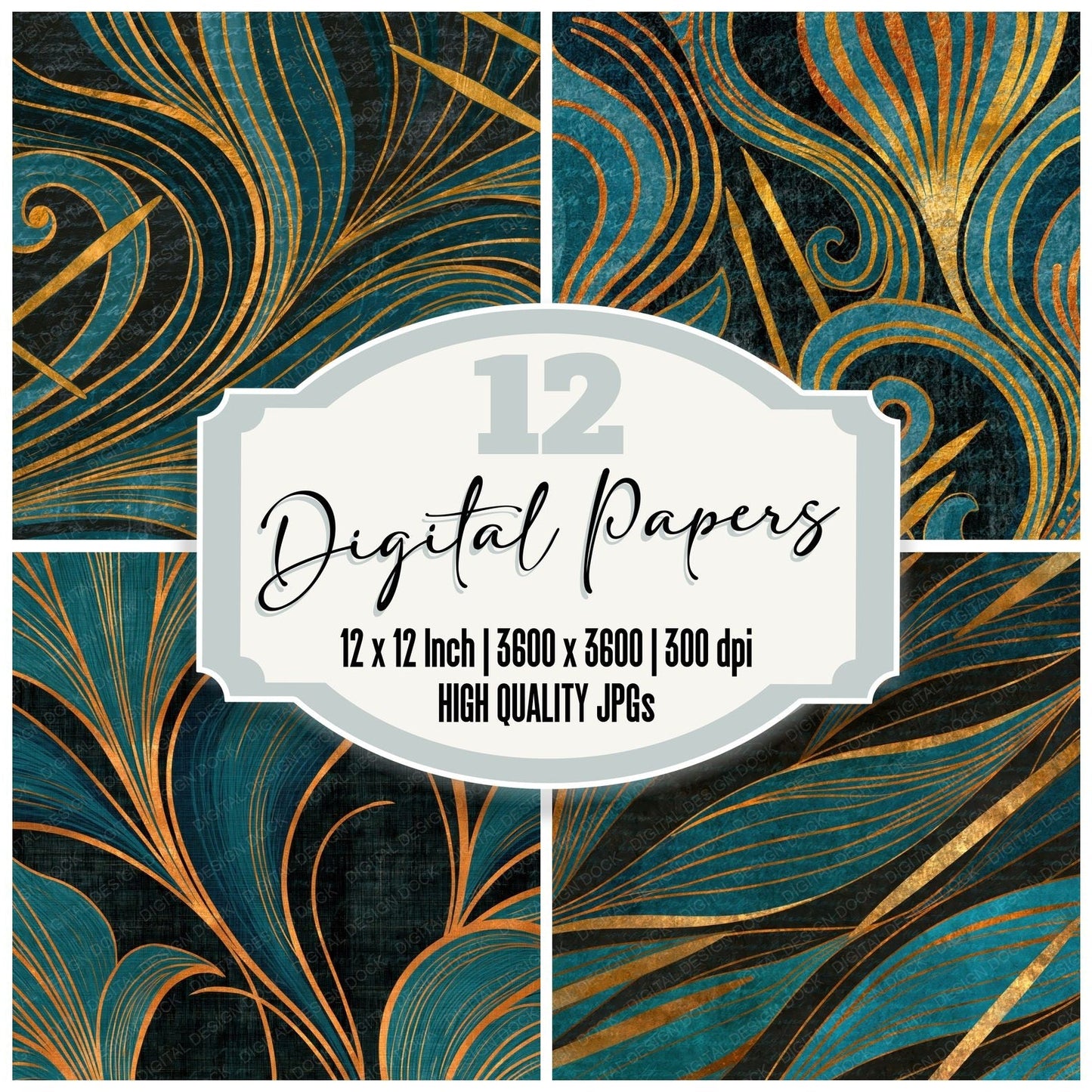 Art Nouveau Knitting Needles Teal Brass Digital Paper Pack (DDD014706)
