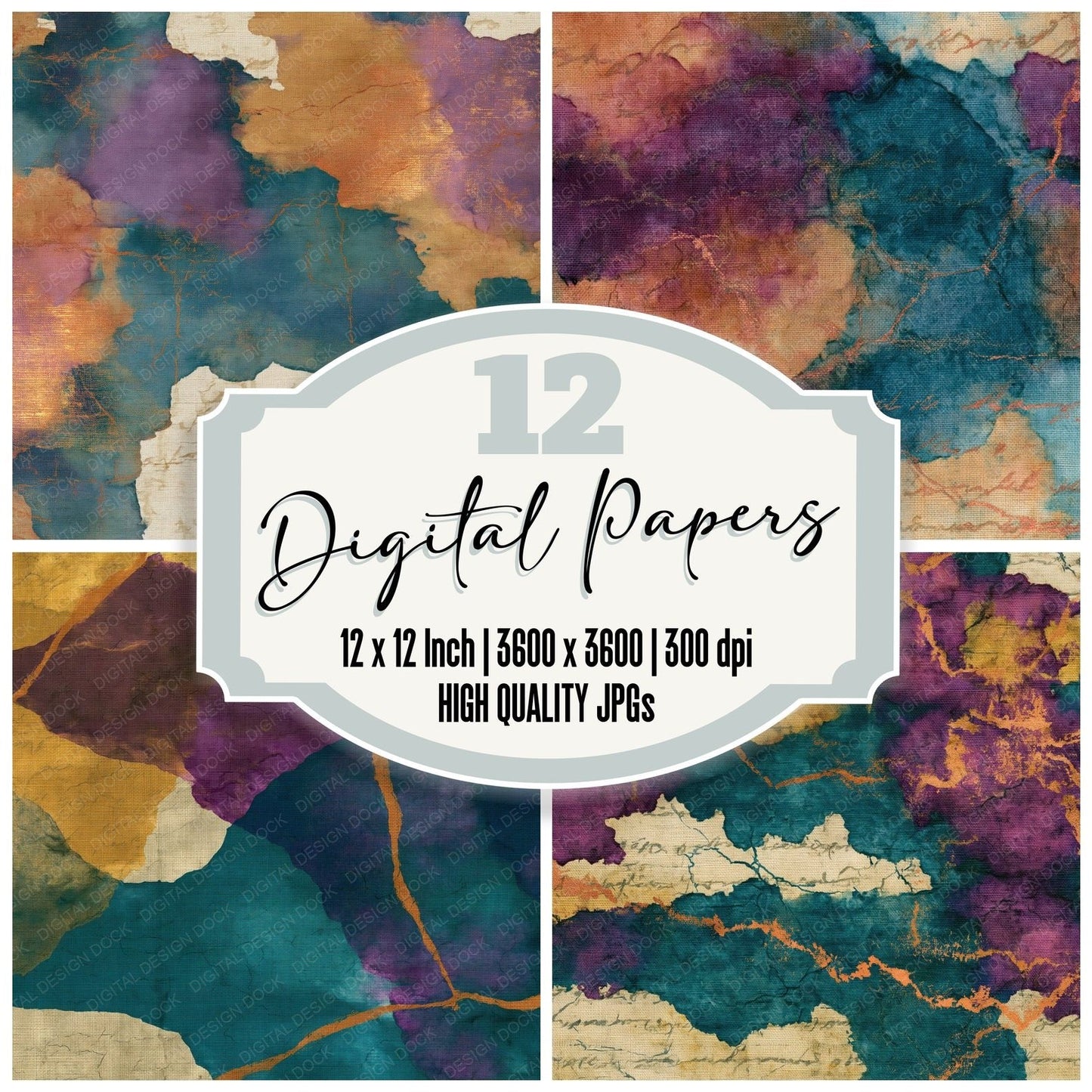 Batik Ochre Plum Teal Abstract Digital Paper Pack (DDD014709)