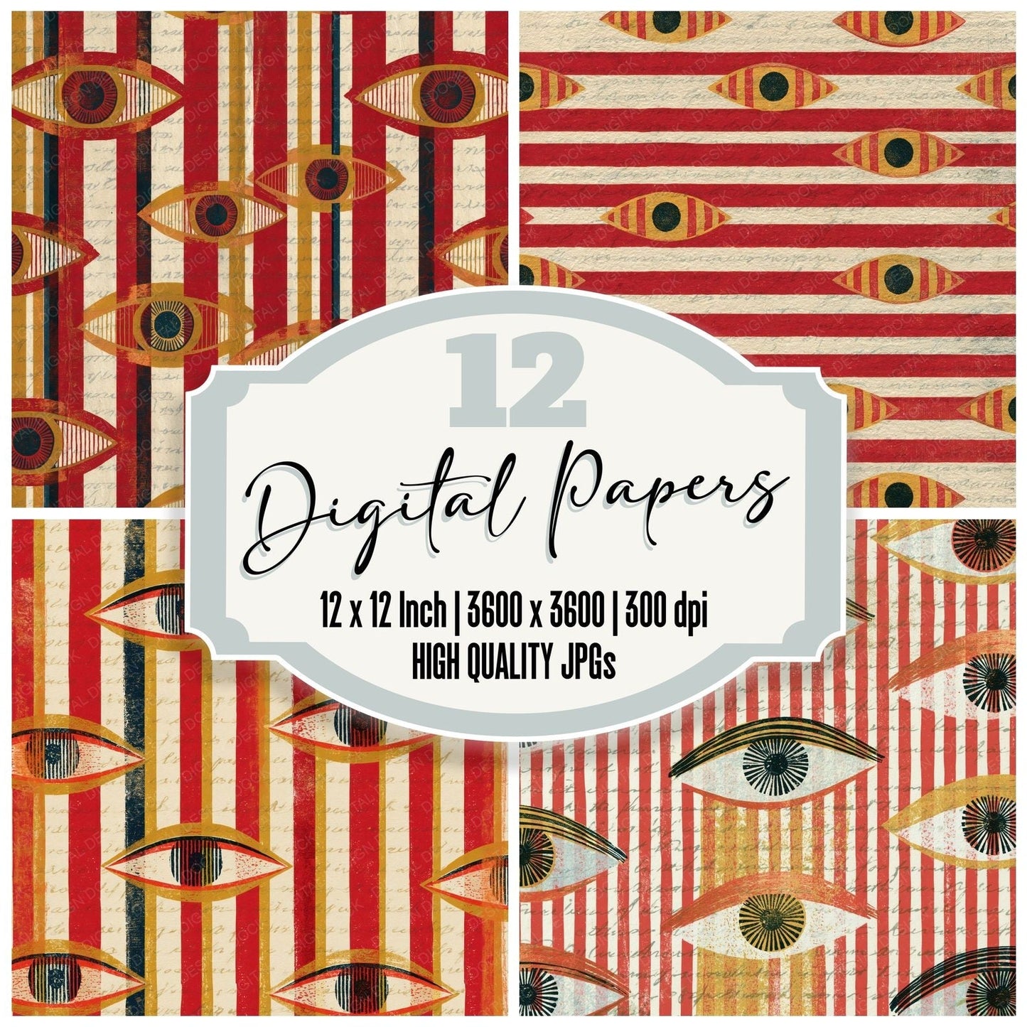 Etching Evil Eyes Candy Red Cream Digital Paper Pack (DDD014713)