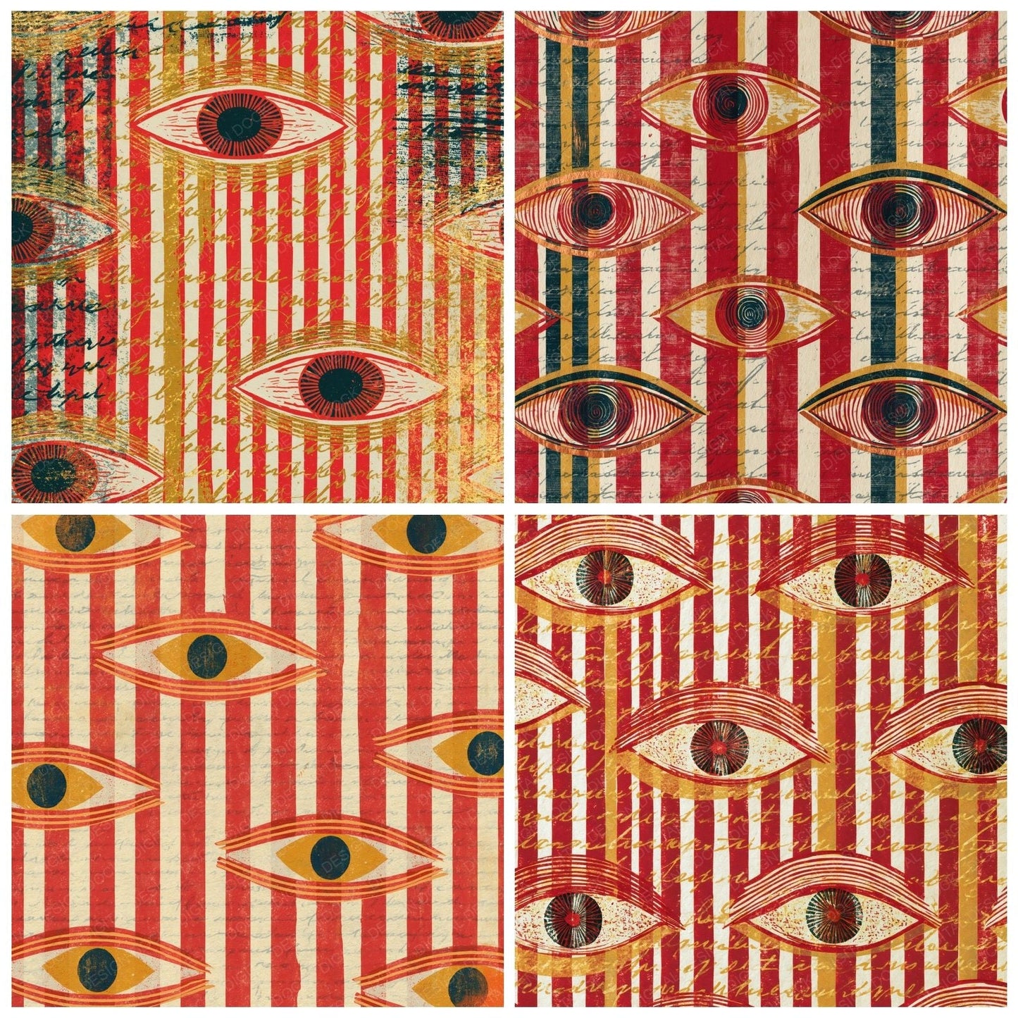 Etching Evil Eyes Candy Red Cream Digital Paper Pack (DDD014713)