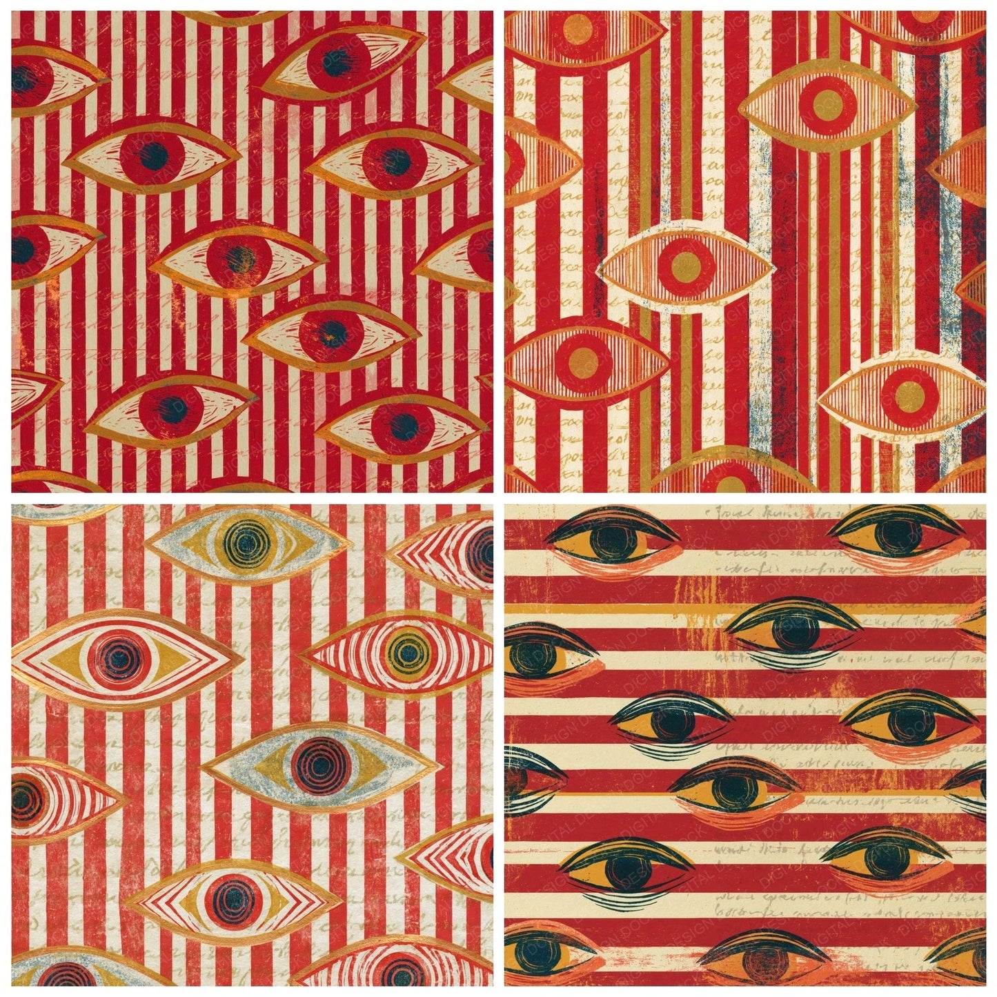 Etching Evil Eyes Candy Red Cream Digital Paper Pack (DDD014713)
