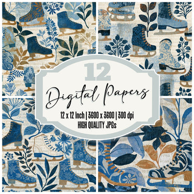 Folk Art Ice Skates Sapphire Bone digital paper pack cover showing four of the 12 papers