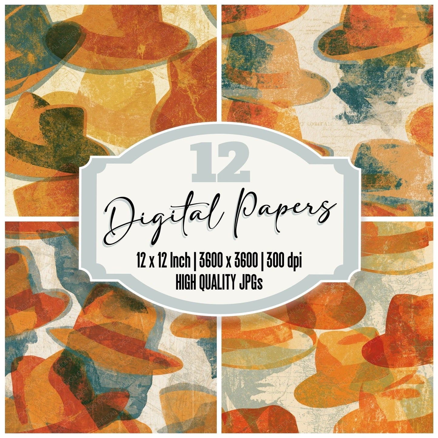 Monoprint Fedoras Burnt Orange Cream Digital Paper Pack (DDD014719)