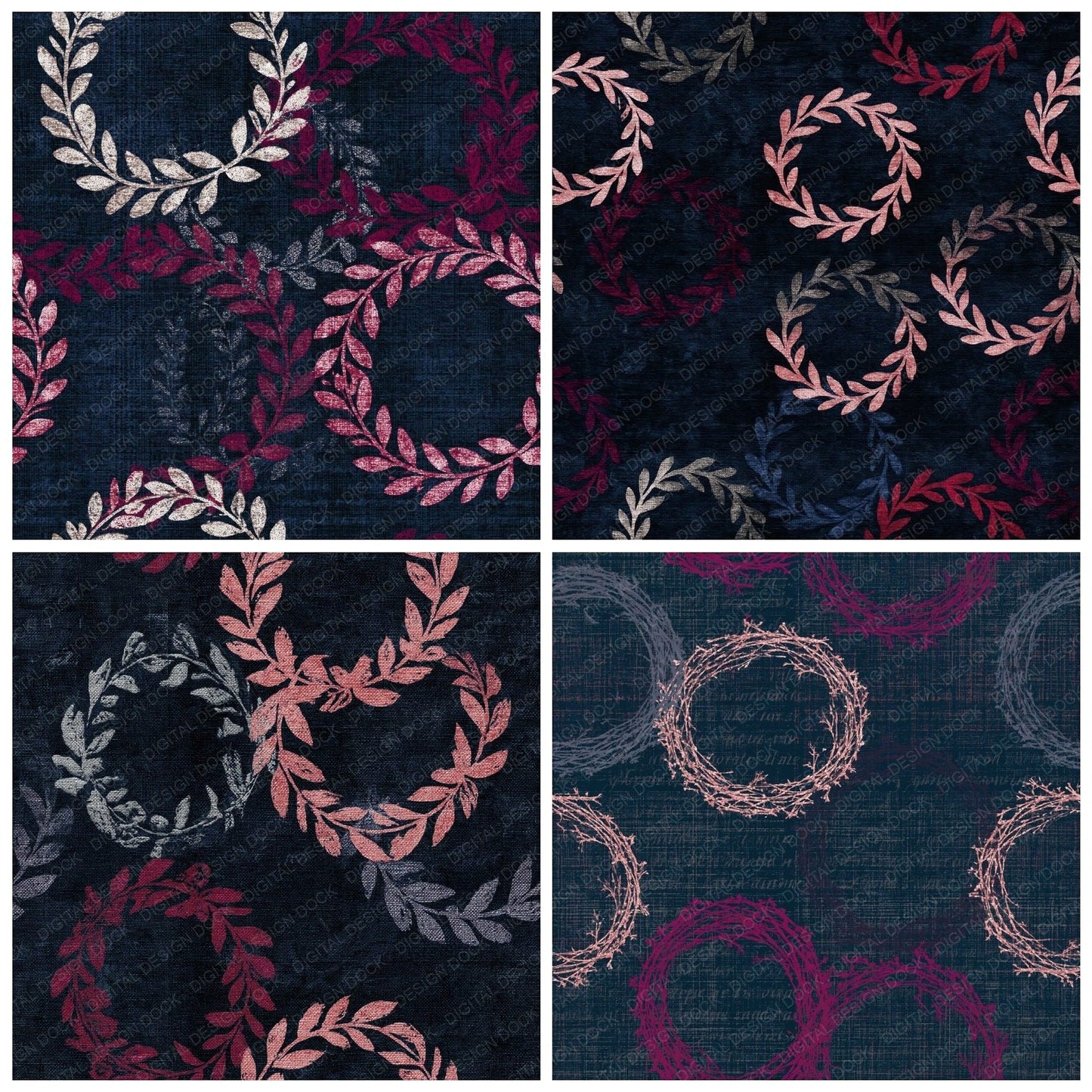 Tapestry Bone Wreaths Wine Navy Seamless Digital Paper Pack (DDD014724)
