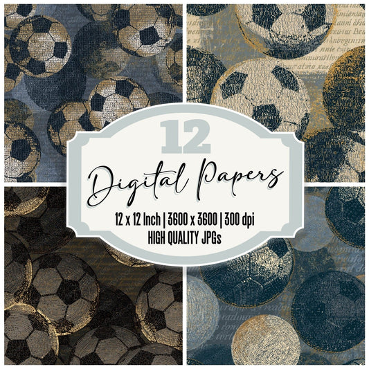ASCII Soccer Midnight Bone Gold digital paper pack cover showing four of the 12 papers