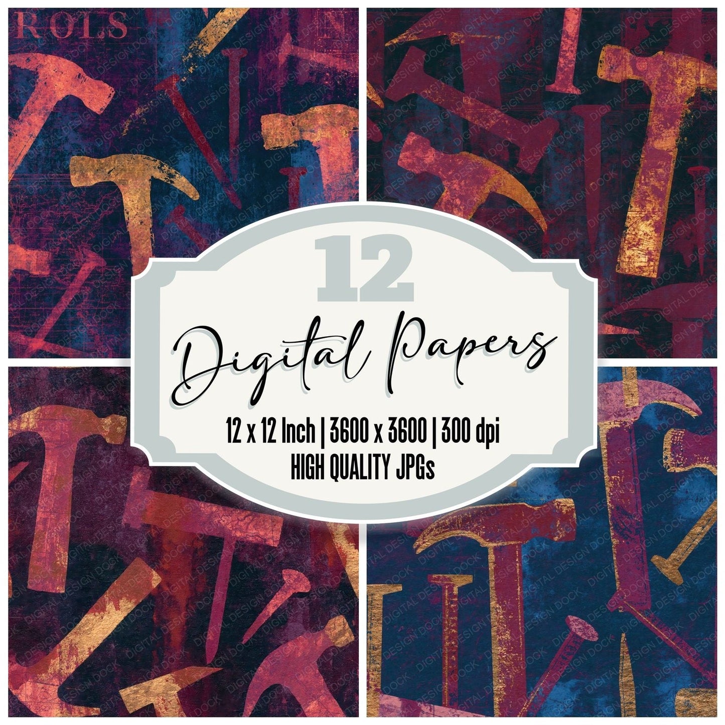 Cyanotype Hammers Nails Aubergine Digital Paper Pack (DDD014727)