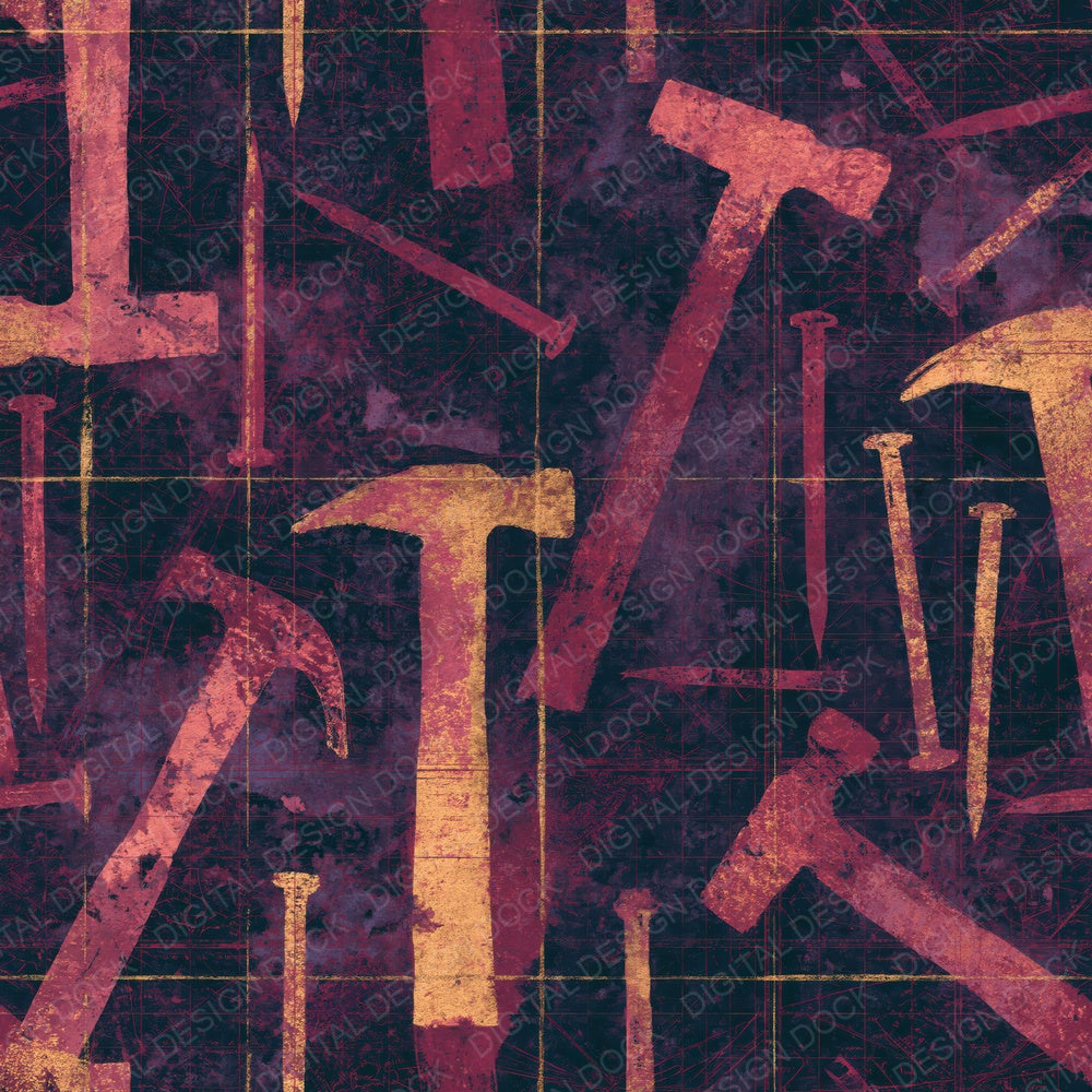 Cyanotype Hammers Nails Aubergine Digital Paper Pack (DDD014727)