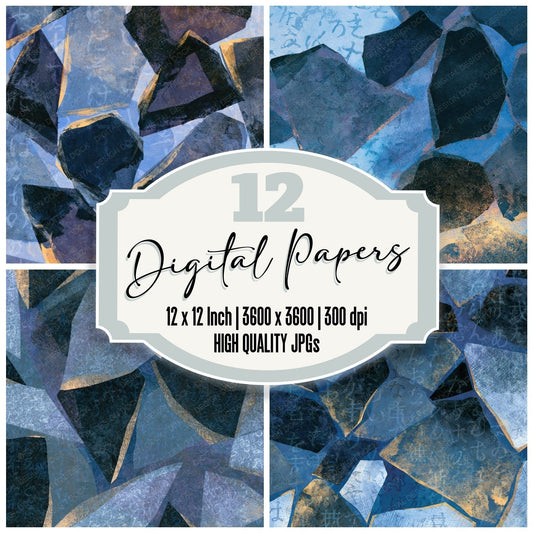 Egg Tempera Obsidian Shards Slate Indigo digital paper pack cover showing four of the 12 papers