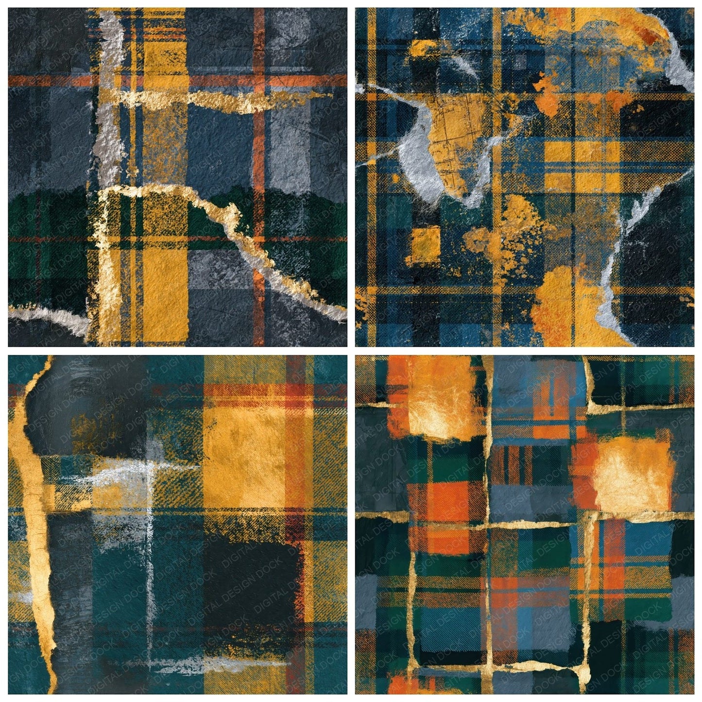 Torn Paper Tartan Plaid Forest Saffron Seamless Digital Paper Pack (DDD014742)