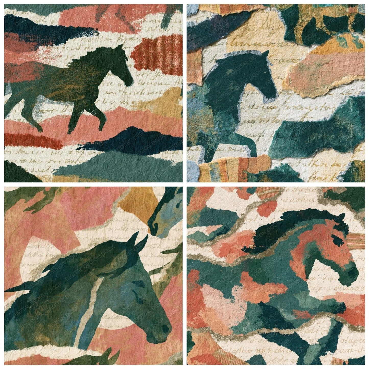 Torn Paper Trick Horse Blush Green Digital Paper Pack (DDD014743)