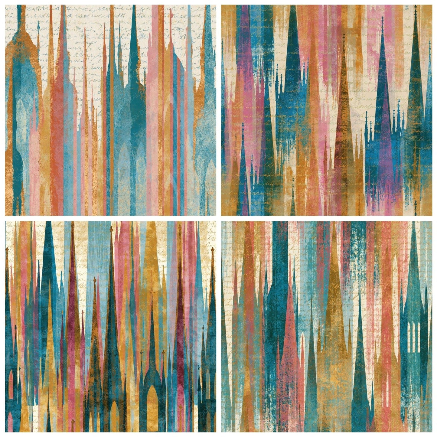 Bohemian Church Spires Turquoise Pink Ochre Digital Paper Pack (DDD014747)