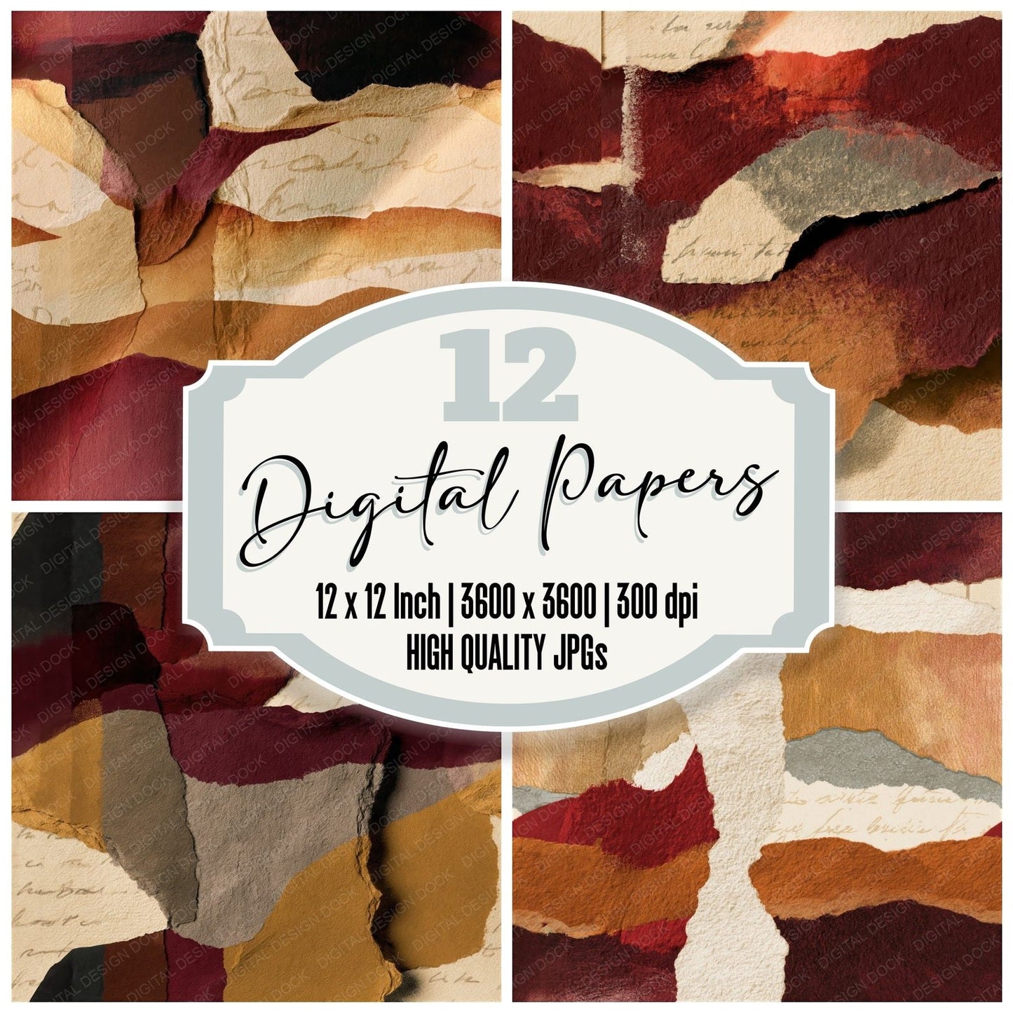 Collage Cinnamon Burgundy Abstract Seamless Digital Paper Pack (DDD014748)