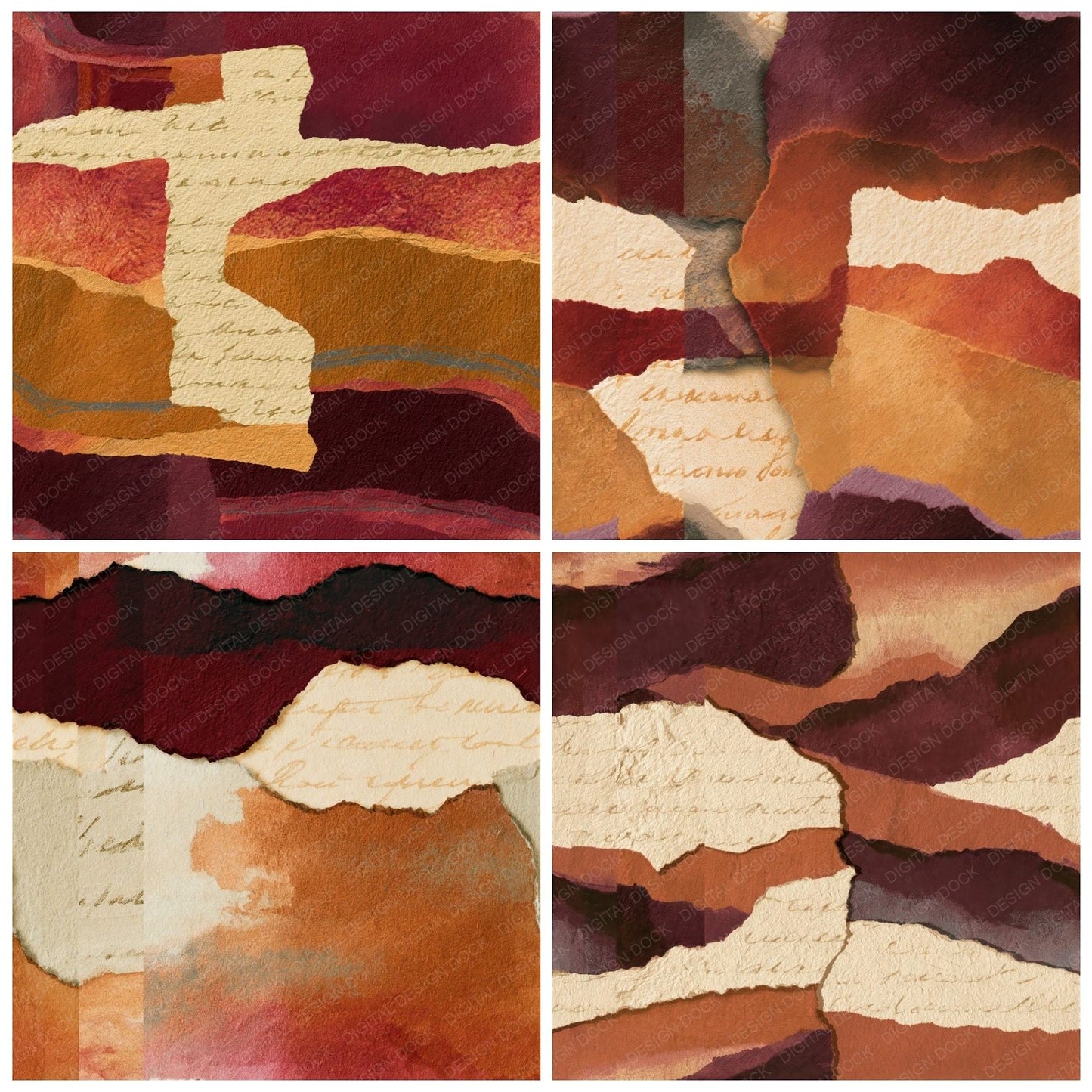 Collage Cinnamon Burgundy Abstract Seamless Digital Paper Pack (DDD014748)