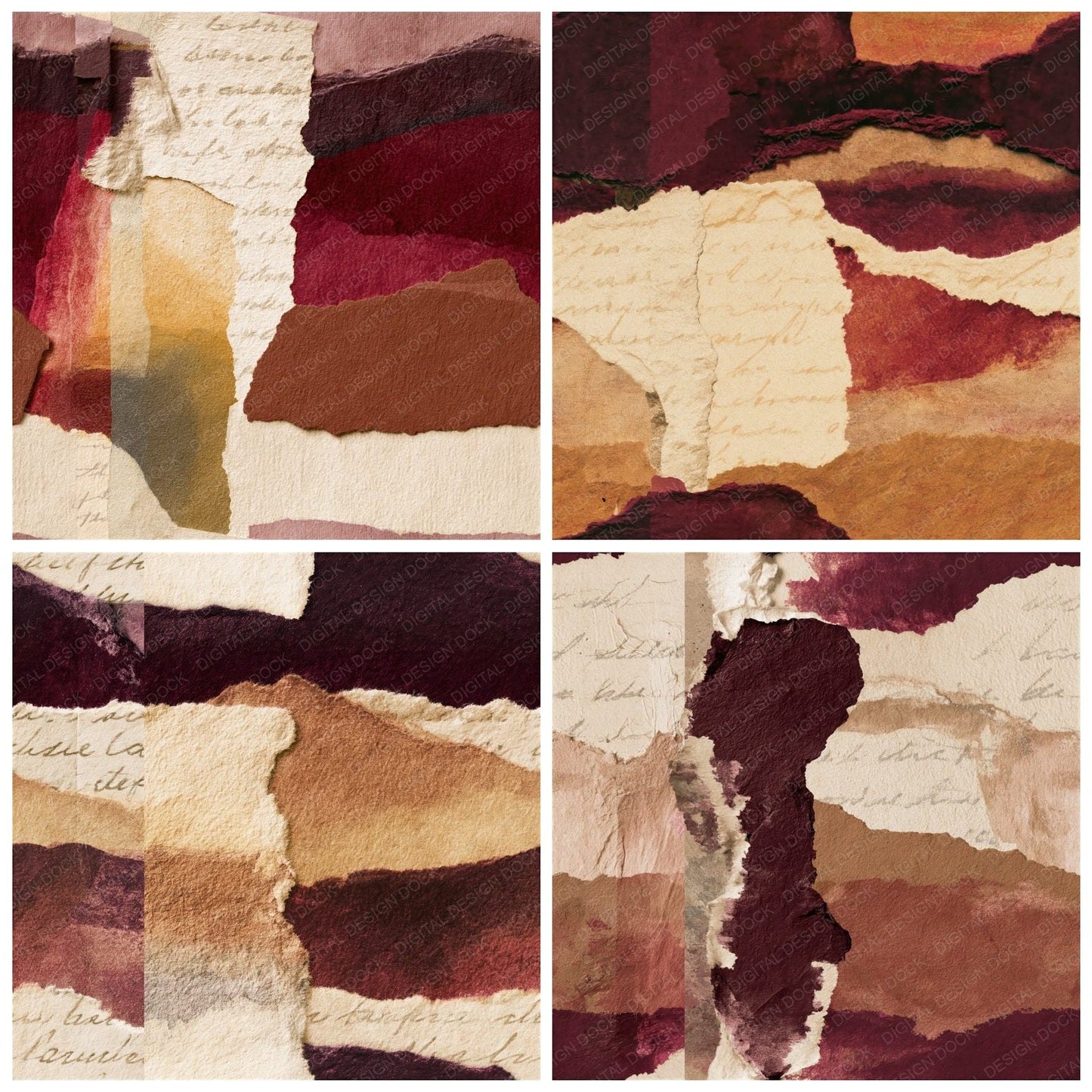 Collage Cinnamon Burgundy Abstract Seamless Digital Paper Pack (DDD014748)