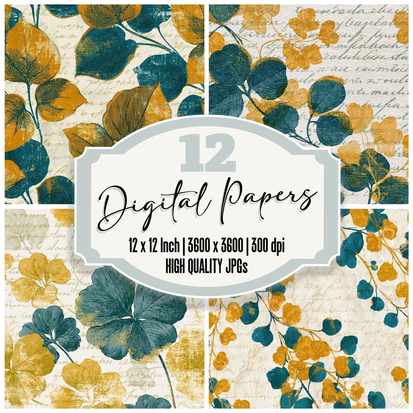 Engraving Baby Tears Mustard Teal Digital Paper Pack (DDD014749)