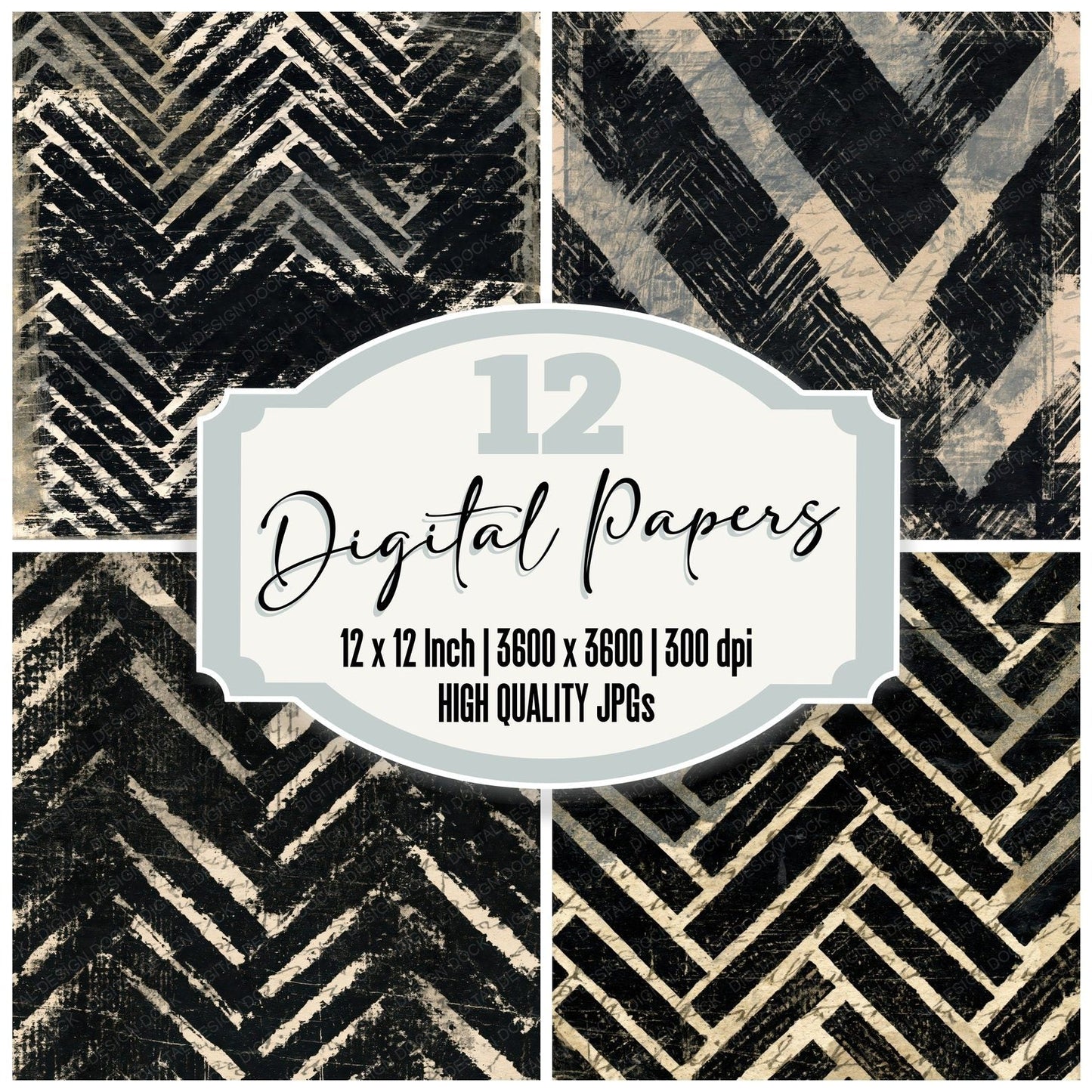 Monoprint Herringbone Weave Black Cream Digital Paper Pack (DDD014753)