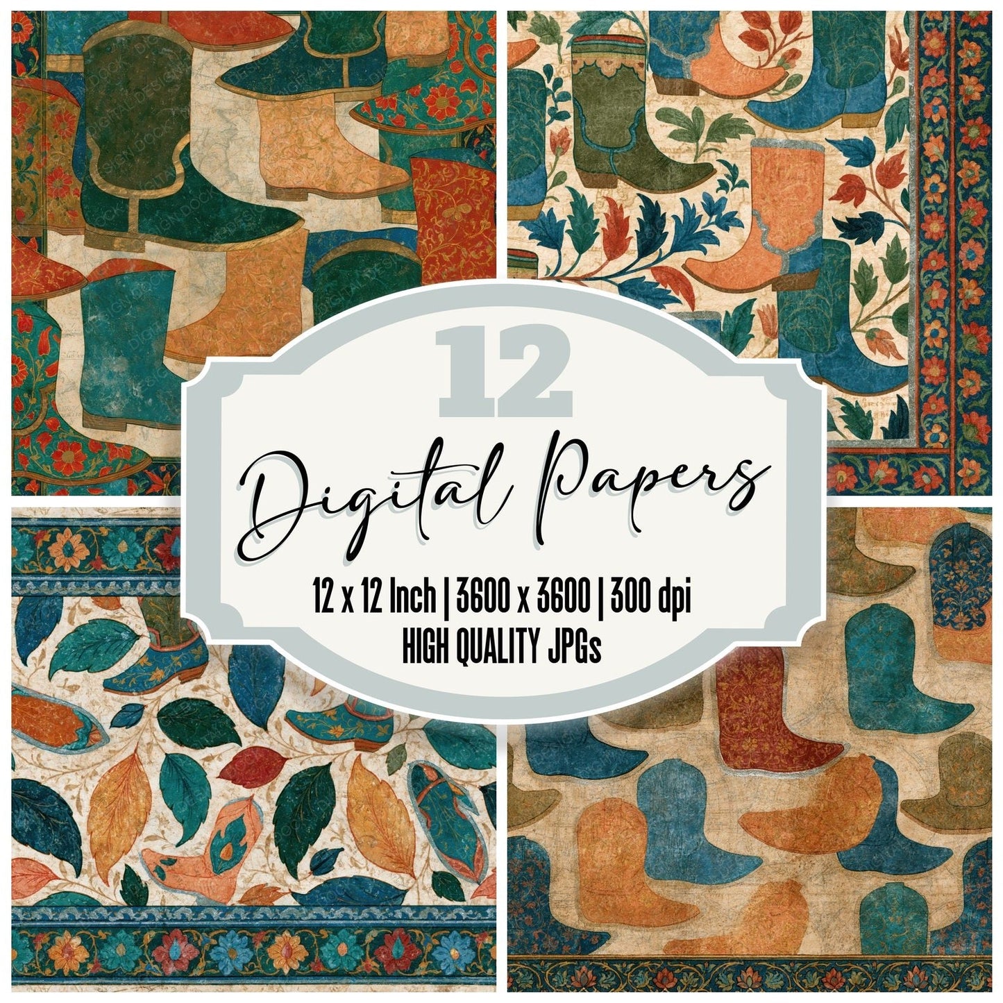 Mughal Tiny Boots Peach Olive Turquoise Digital Paper Pack (DDD014754)