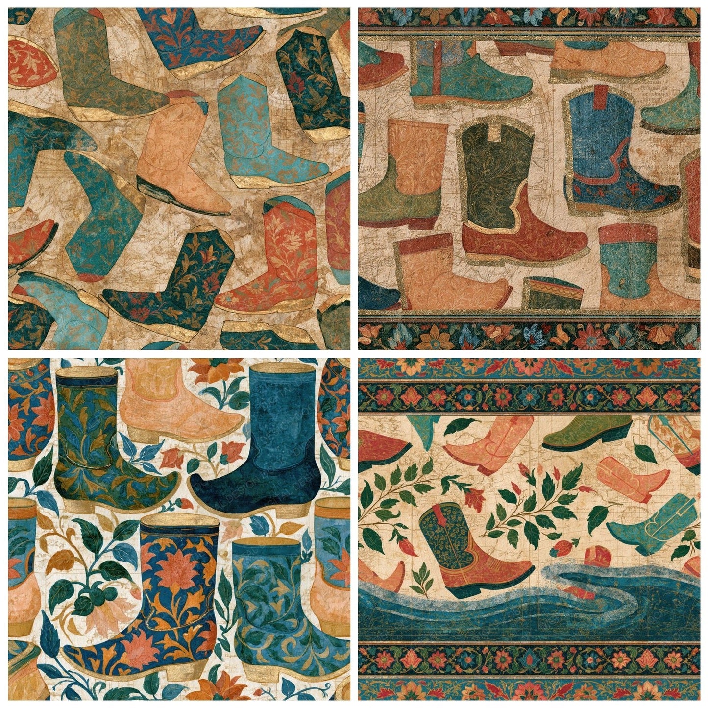 Mughal Tiny Boots Peach Olive Turquoise Digital Paper Pack (DDD014754)