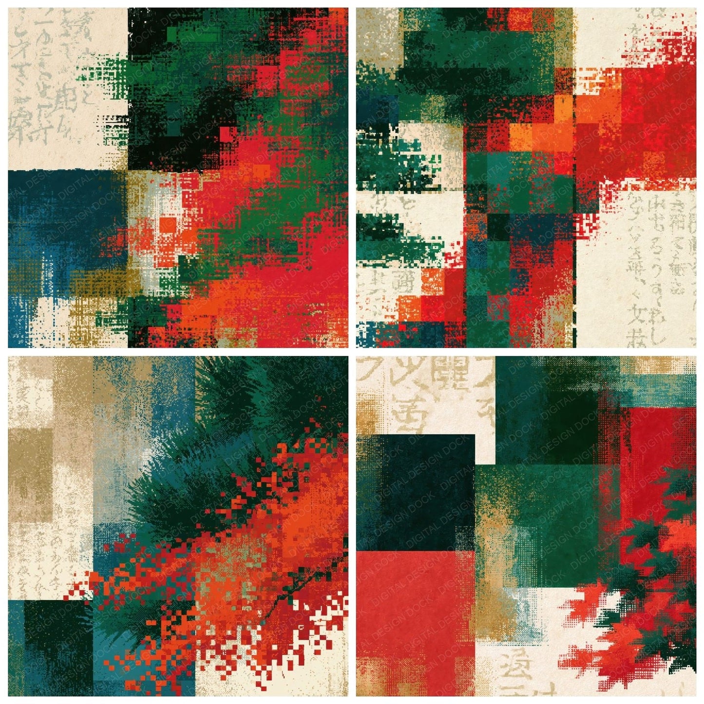 Pixel Forest Green Crimson Abstract Digital Paper Pack (DDD014758)