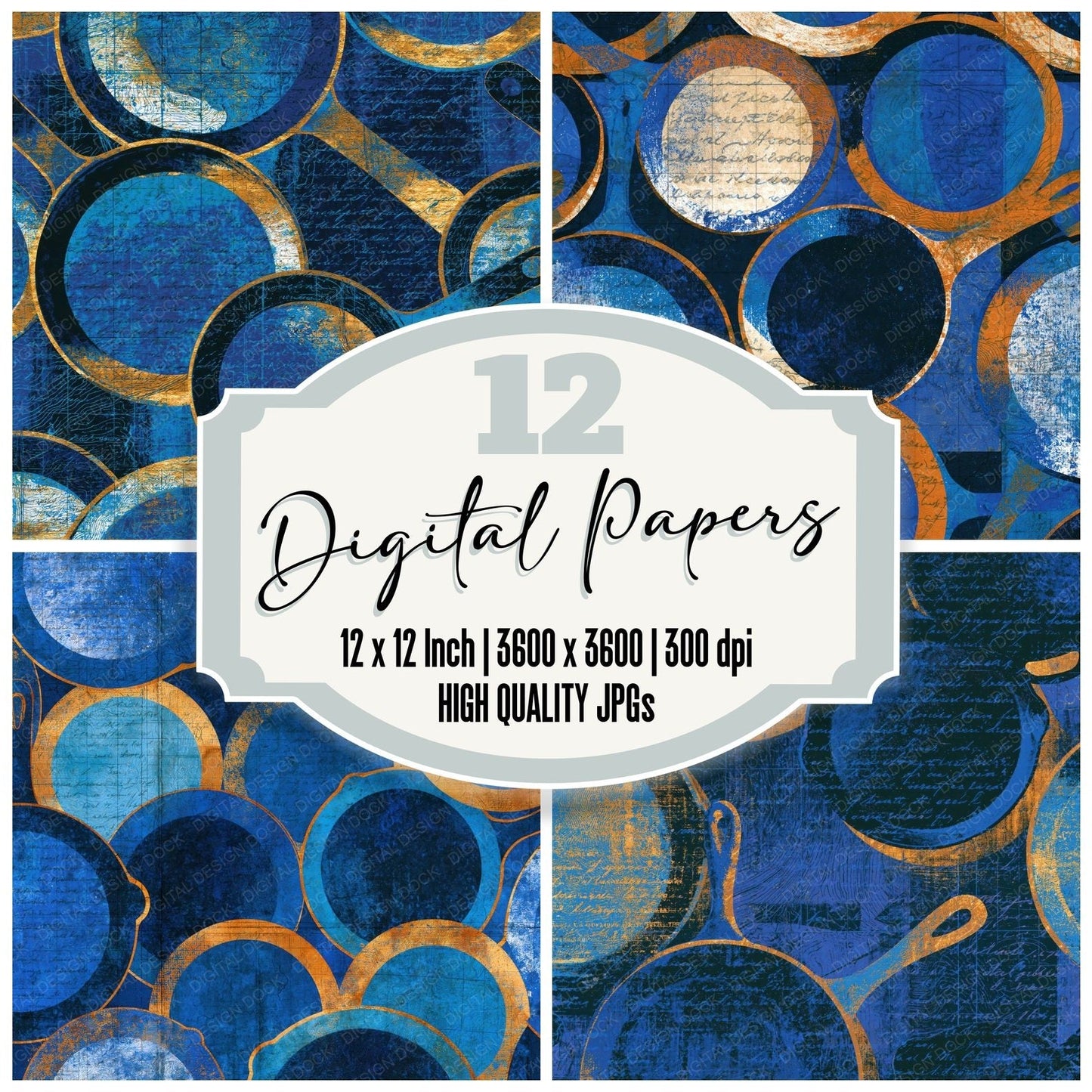 Antique Map Cast Iron Pans Electric Blue Digital Paper Pack (DDD014765)