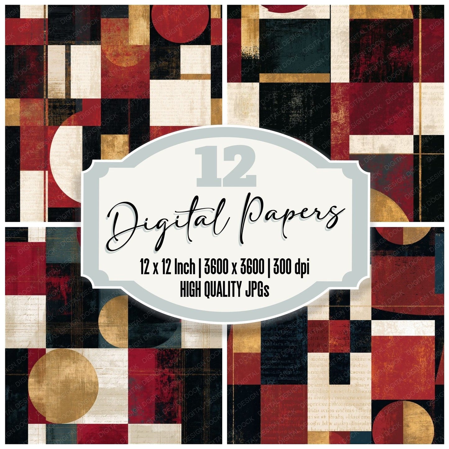 Bauhaus Black Oxblood Bone Abstract Seamless Digital Paper Pack (DDD014767)