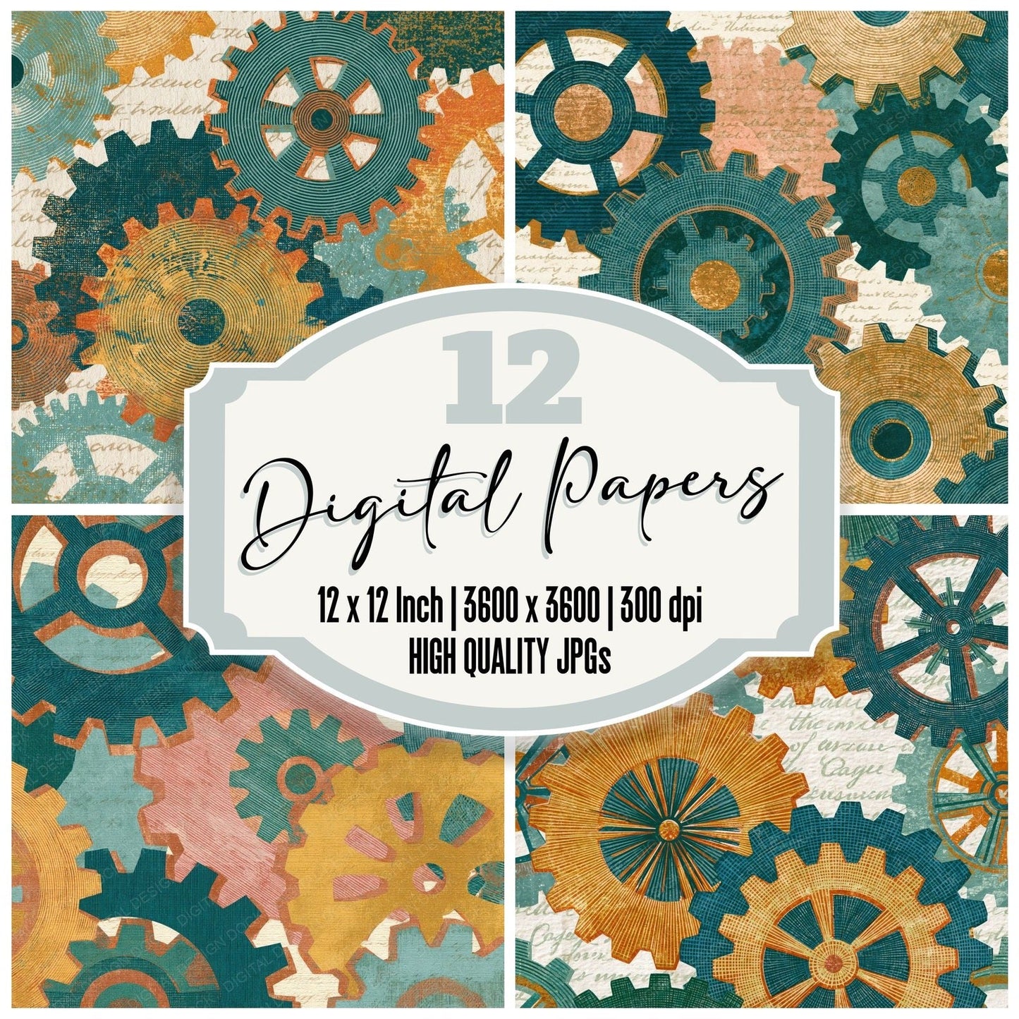 Engraving Cogs Sage Primrose Digital Paper Pack (DDD014770)