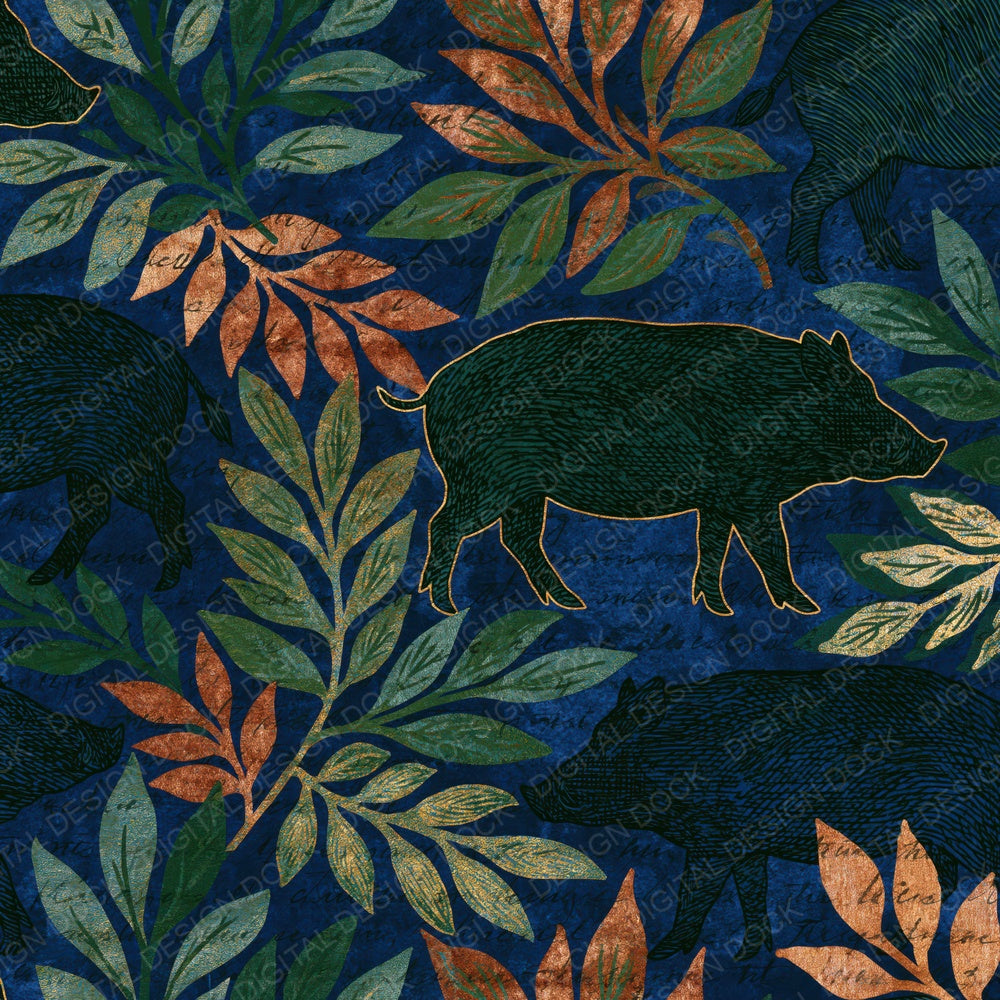 Engraving Wild Boar Midnight Green Copper Digital Paper Pack (DDD014771)
