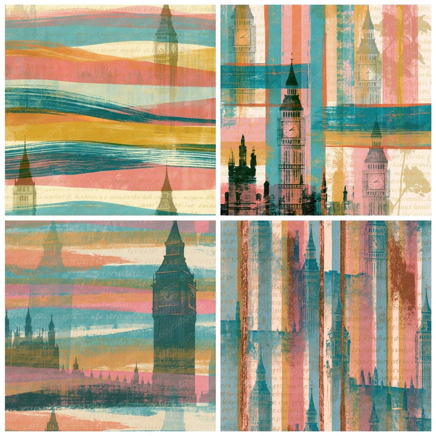Gouache Big Ben Turquoise Pink Ochre Digital Paper Pack (DDD014773)