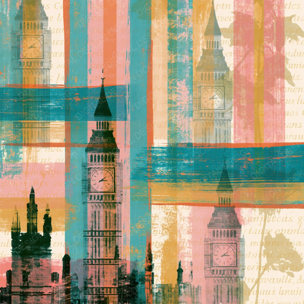 Gouache Big Ben Turquoise Pink Ochre Digital Paper Pack (DDD014773)