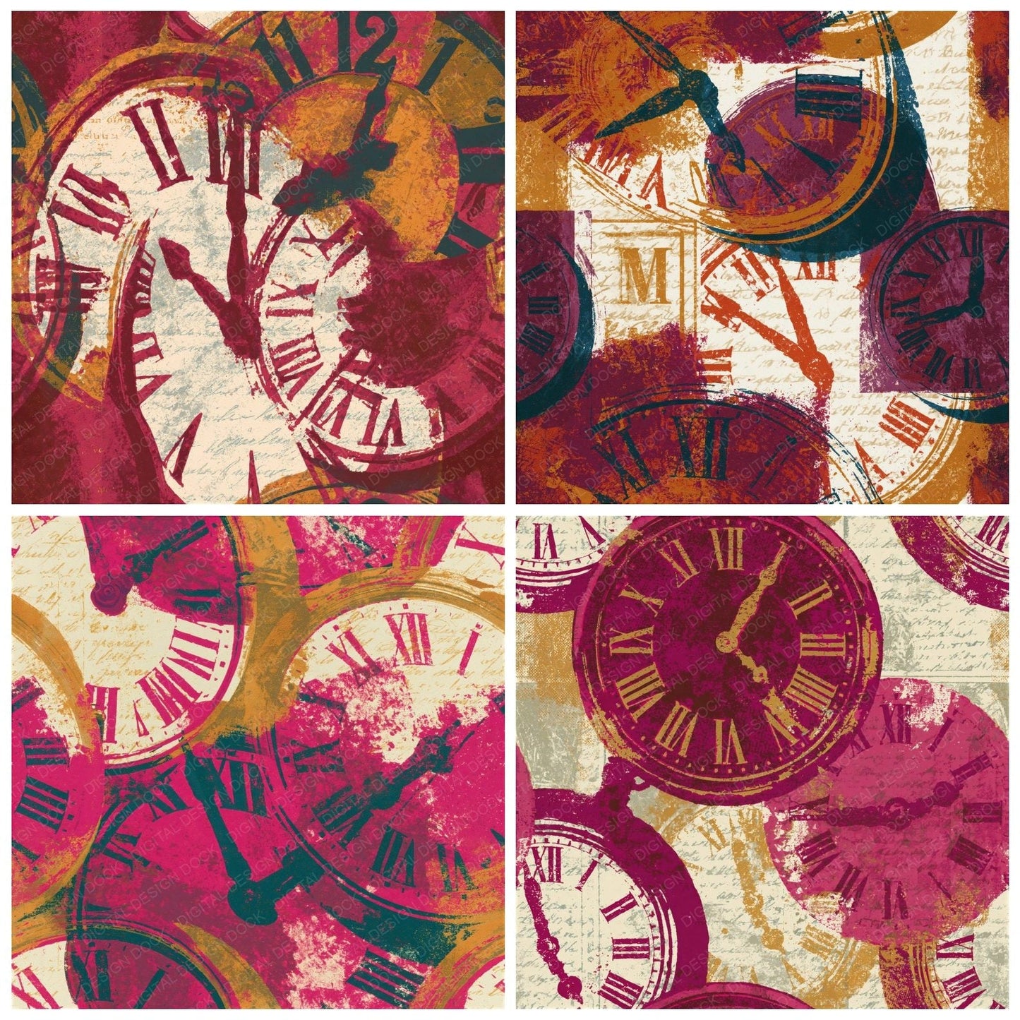 Pop Art Neon Clocks Garnet Seamless Digital Paper Pack (DDD014779)