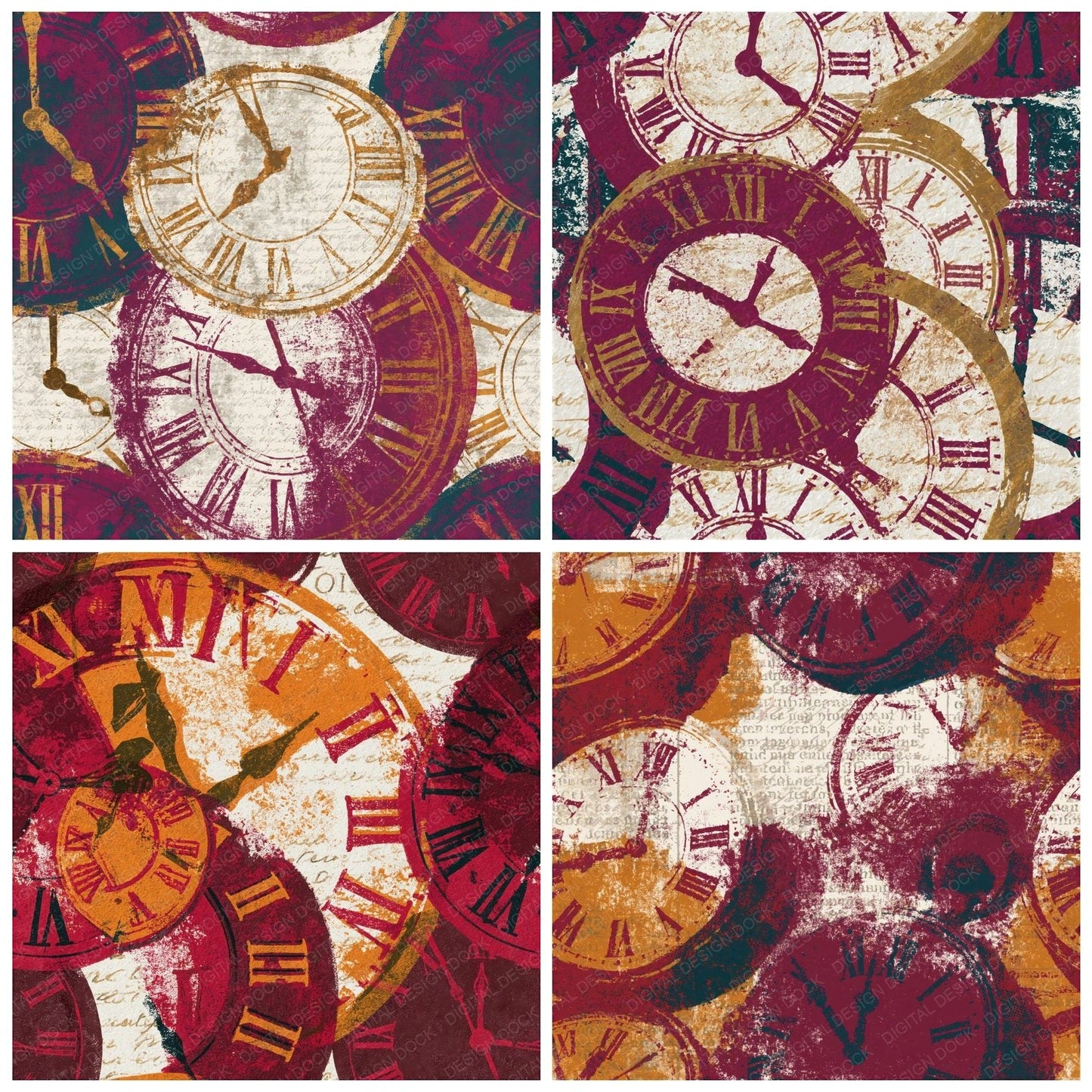 Pop Art Neon Clocks Garnet Seamless Digital Paper Pack (DDD014779)