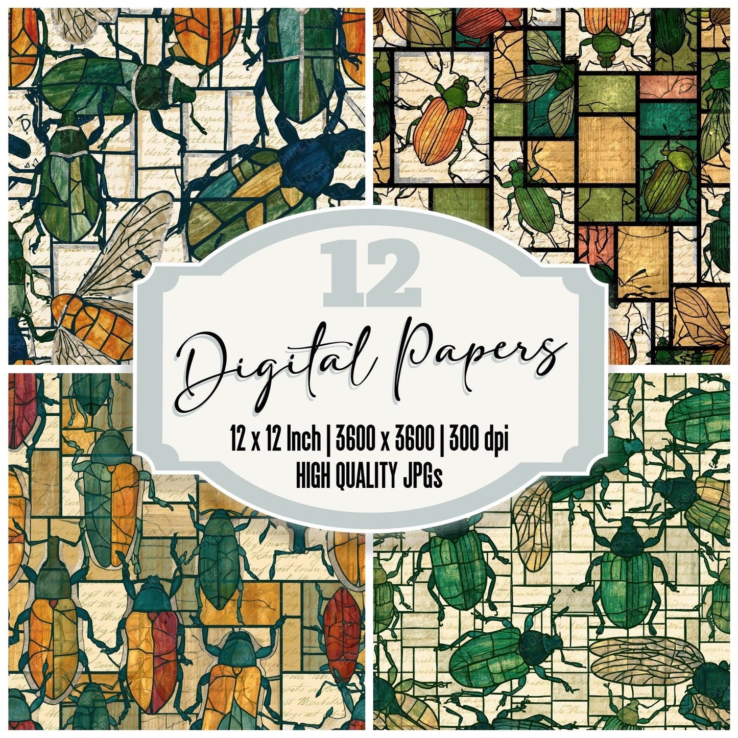 Stained Glass Weevils Pine Cream Digital Paper Pack (DDD014781)