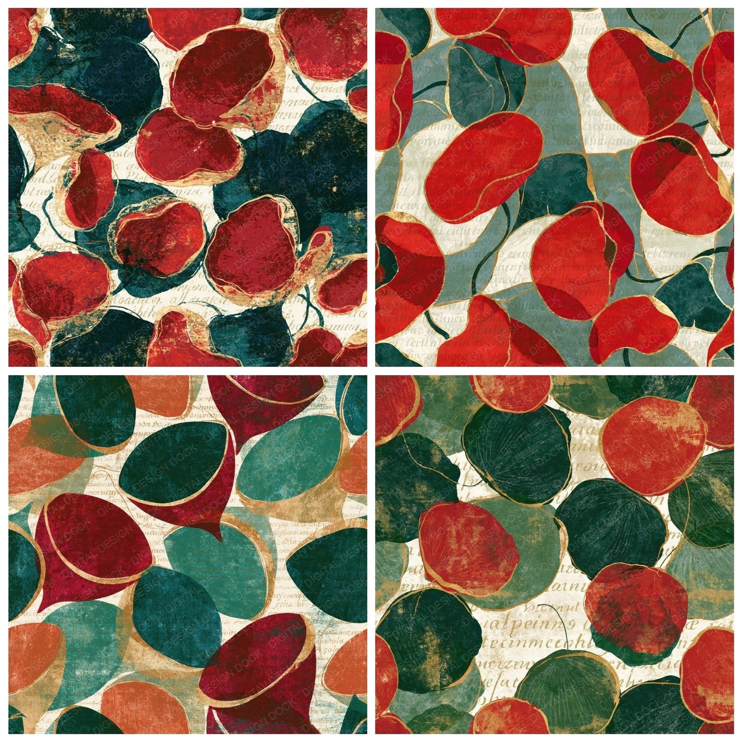 Woodblock Scarlet Elf Cups Jade Garnet Digital Paper Pack (DDD014783)