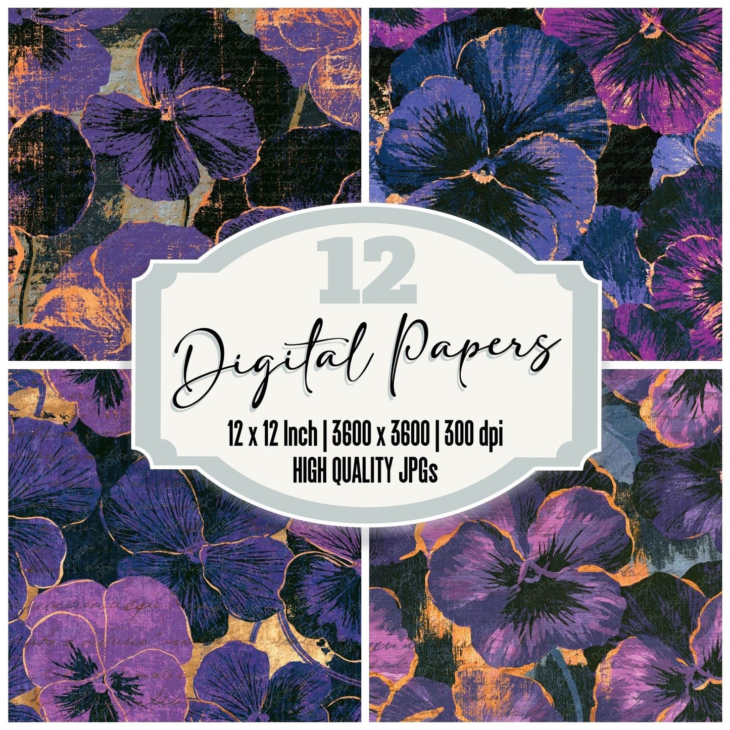 Woodcut Pansy Purple Charcoal Digital Paper Pack (DDD014784)