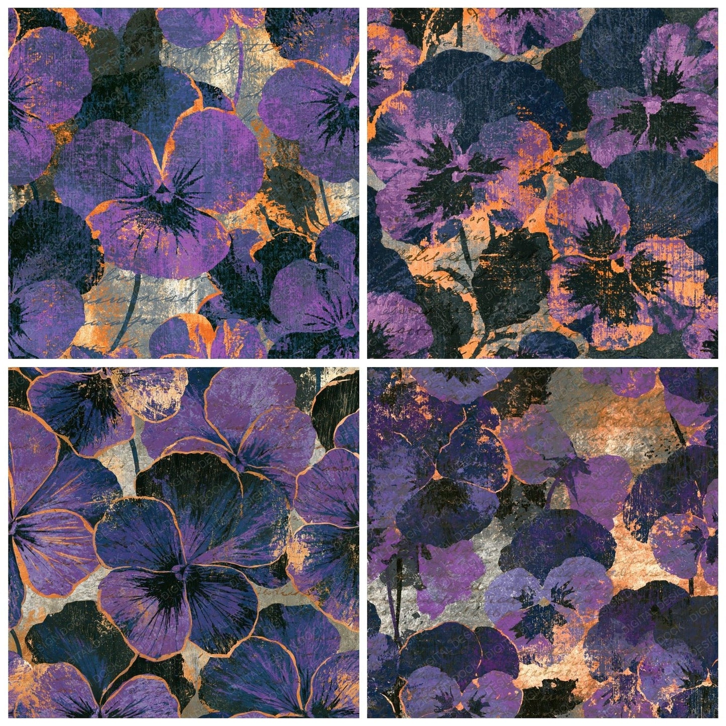 Woodcut Pansy Purple Charcoal Digital Paper Pack (DDD014784)