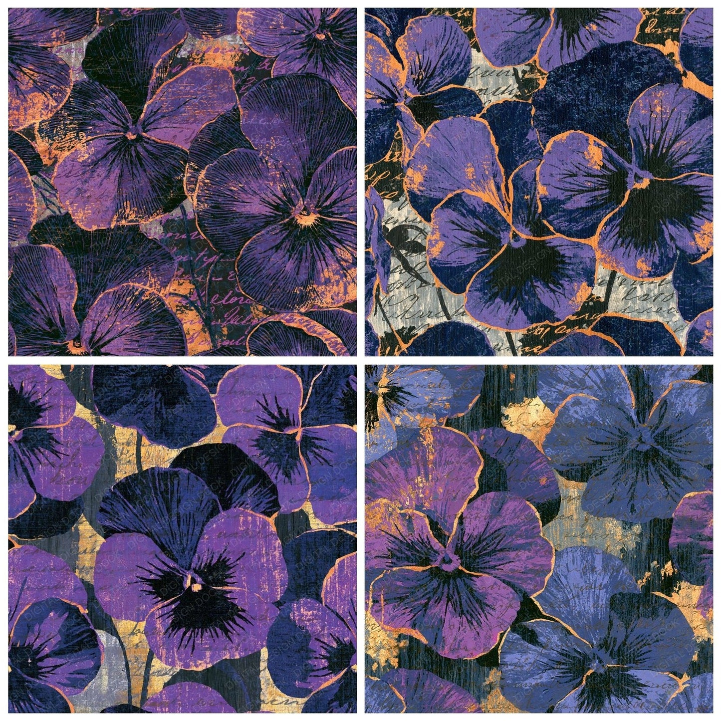 Woodcut Pansy Purple Charcoal Digital Paper Pack (DDD014784)