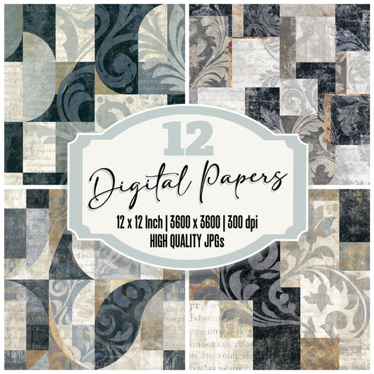 Baroque Geometric Blocks Gunmetal Pearl Digital Paper Pack (DDD014786)