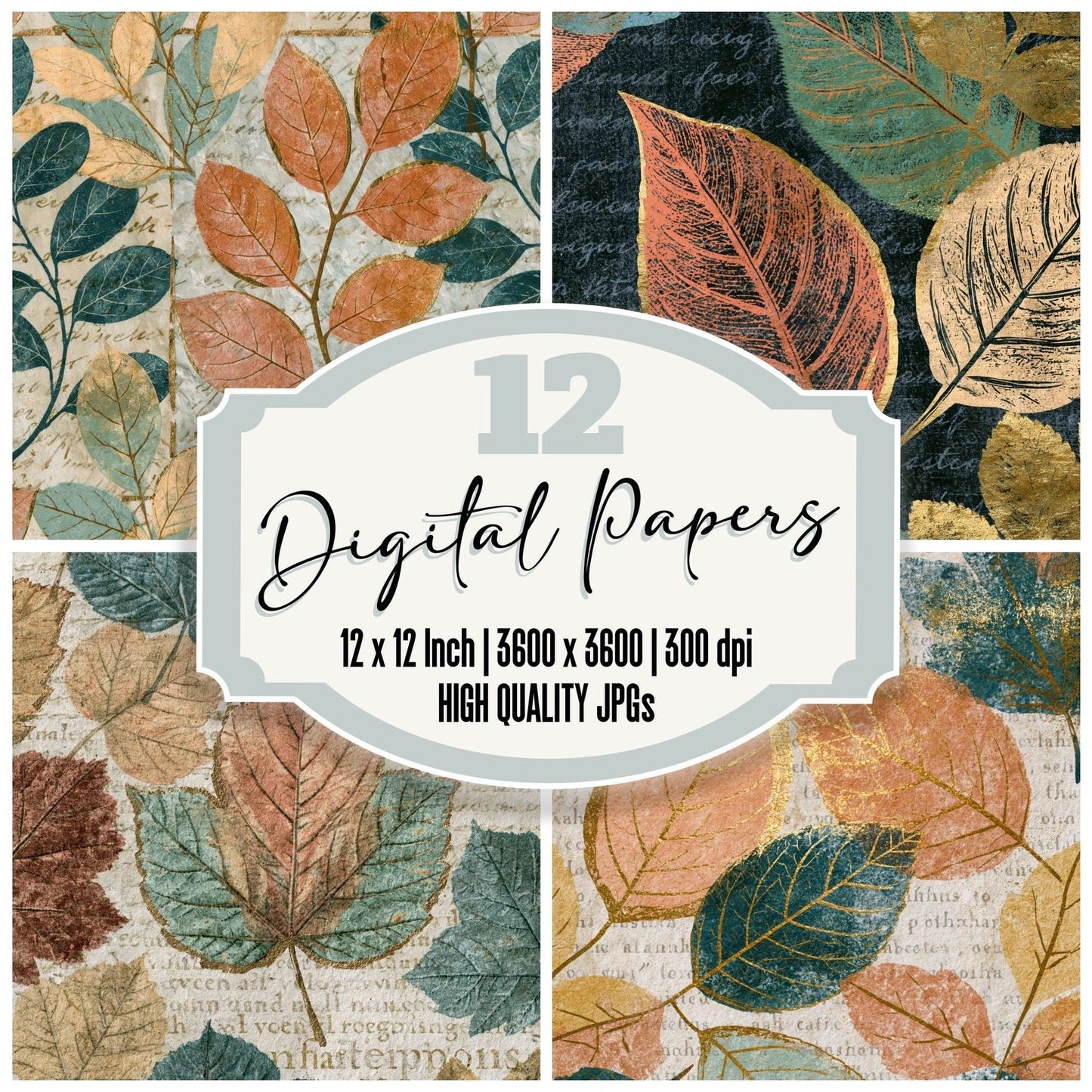 Drypoint Pressed Leaves Peach Mint Digital Paper Pack (DDD014789)