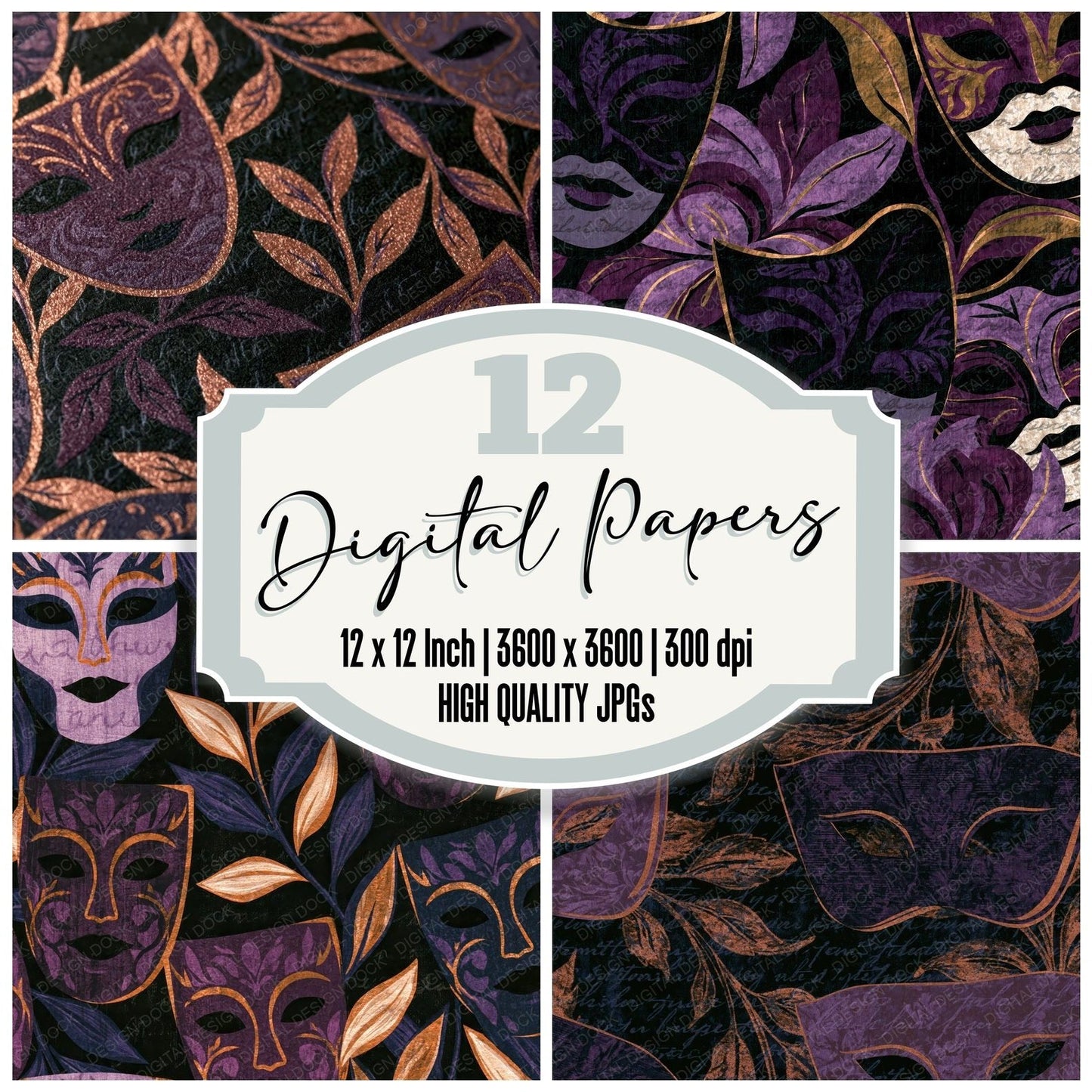 Letterpress Opera Masks Aubergine Pearl Digital Paper Pack (DDD014791)