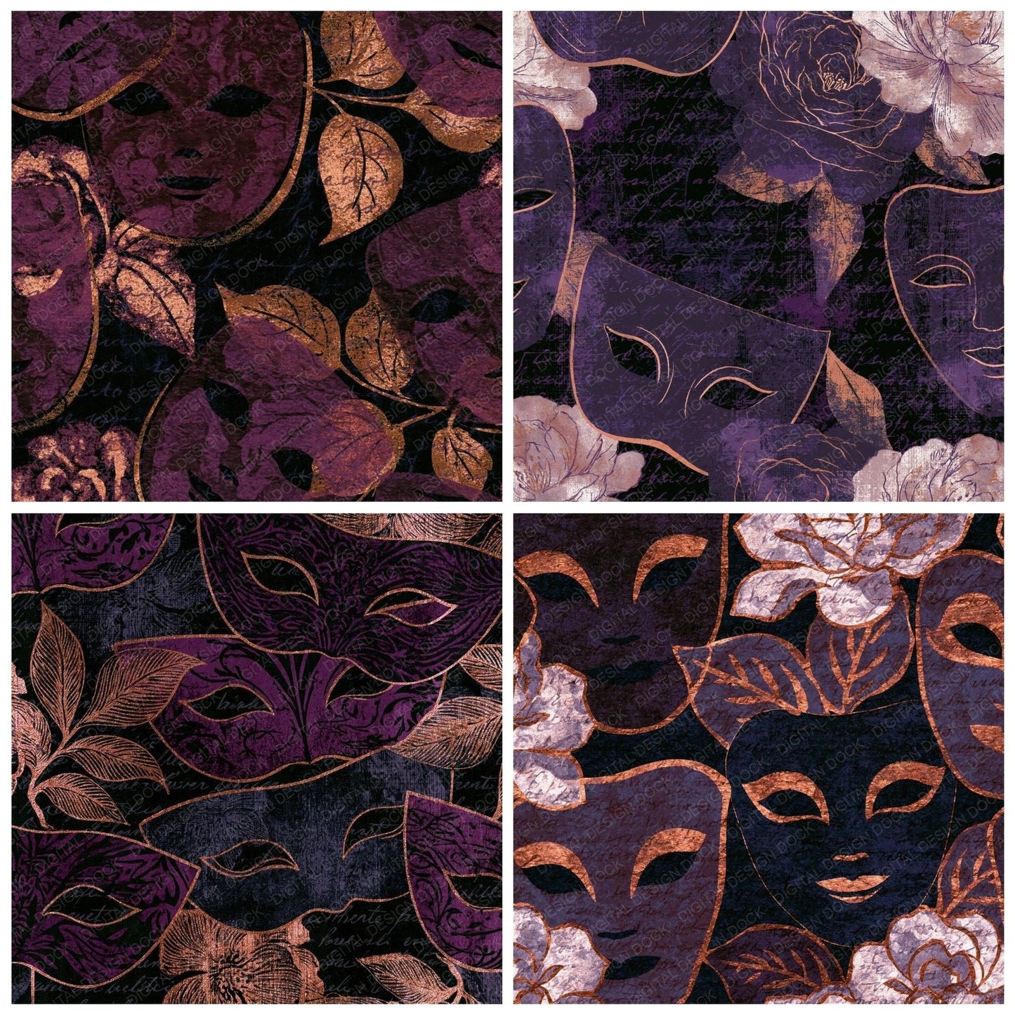 Letterpress Opera Masks Aubergine Pearl Digital Paper Pack (DDD014791)