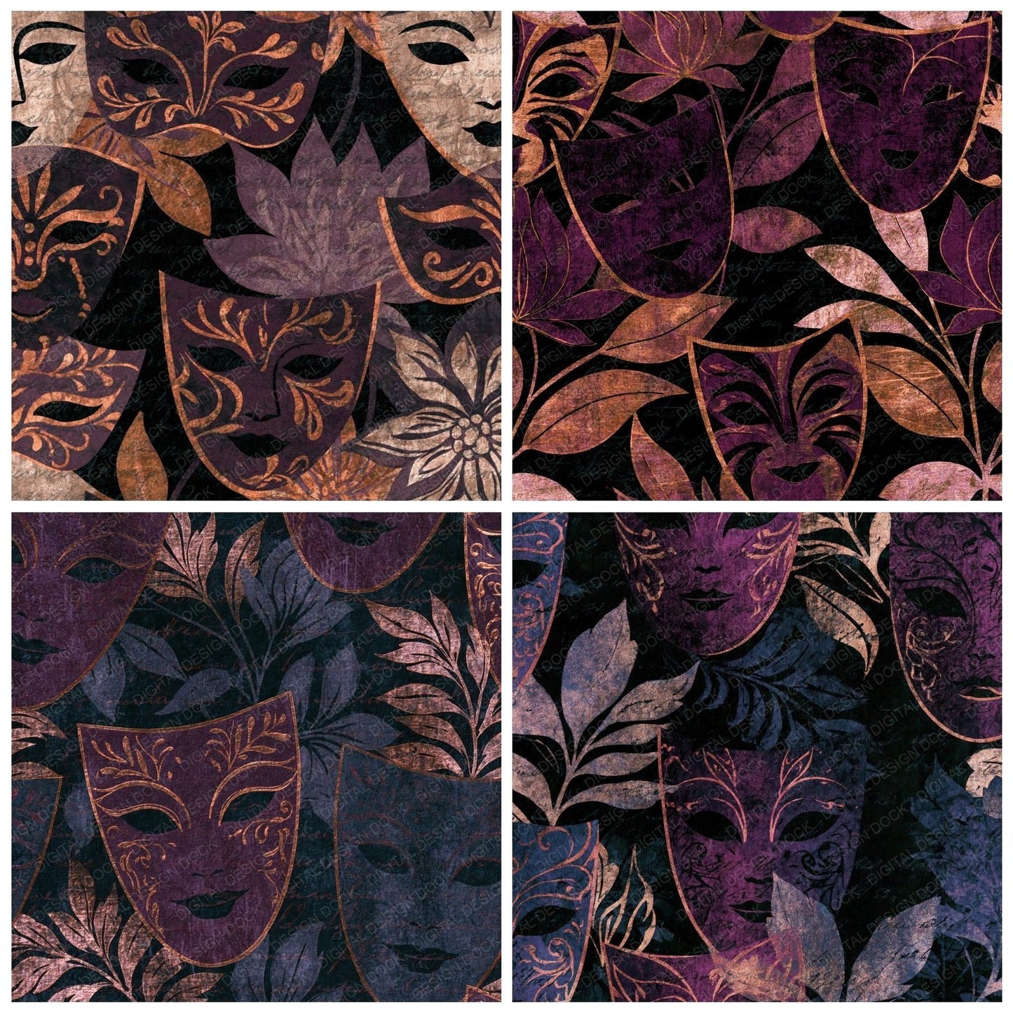 Letterpress Opera Masks Aubergine Pearl Digital Paper Pack (DDD014791)