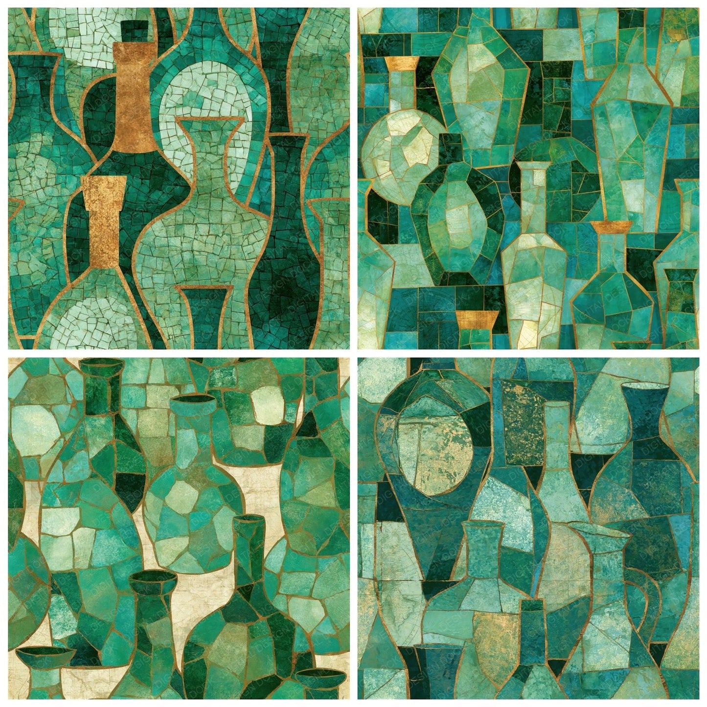 Mosaic Olive Oil Bottles Jade Seamless Digital Paper Pack (DDD014794)