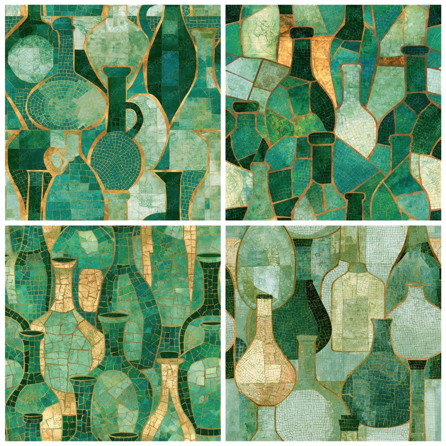 Mosaic Olive Oil Bottles Jade Seamless Digital Paper Pack (DDD014794)