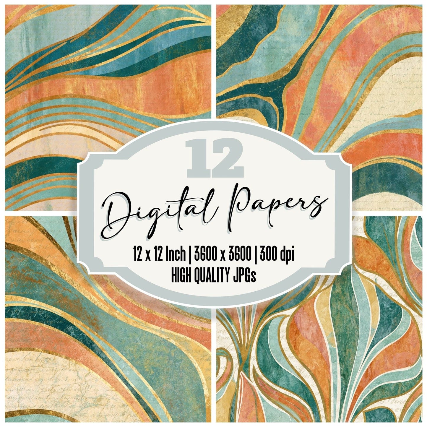 Art Nouveau Peach Mint Butter Abstract Digital Paper Pack (DDD014808)