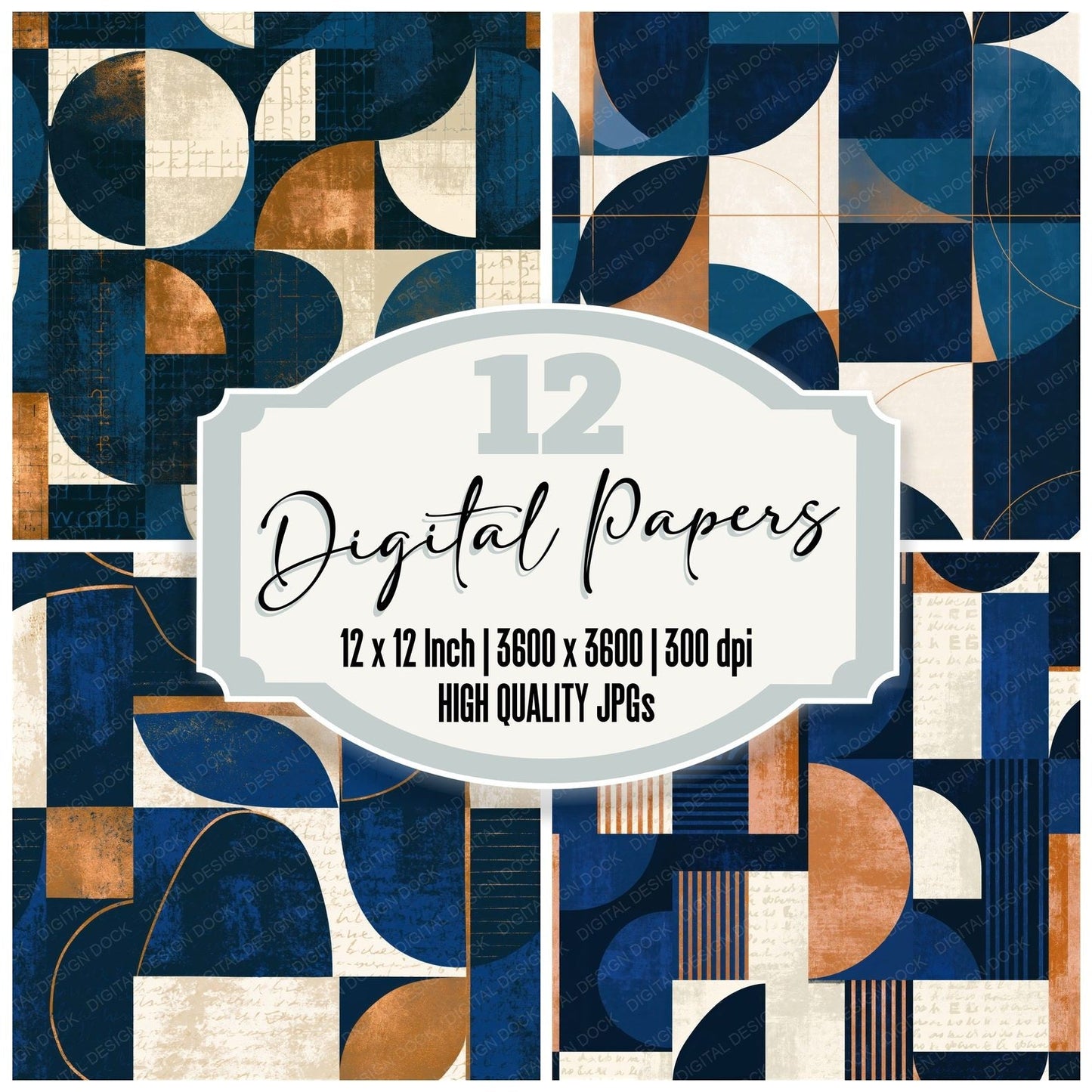 Mid Century Indigo Ivory Abstract Seamless Digital Paper Pack (DDD014817)