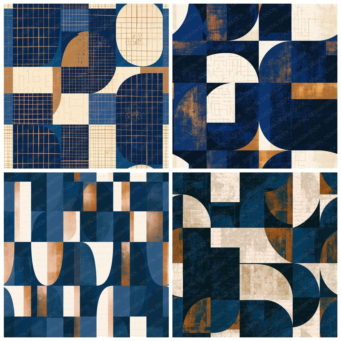 Mid Century Indigo Ivory Abstract Seamless Digital Paper Pack (DDD014817)