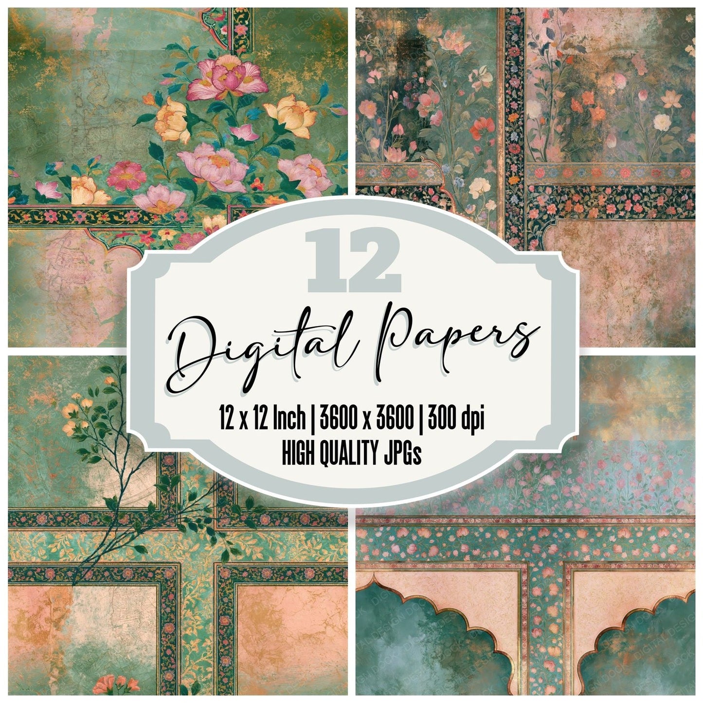 Mughal Dewy Green Blush Texture Seamless Digital Paper Pack (DDD014818)