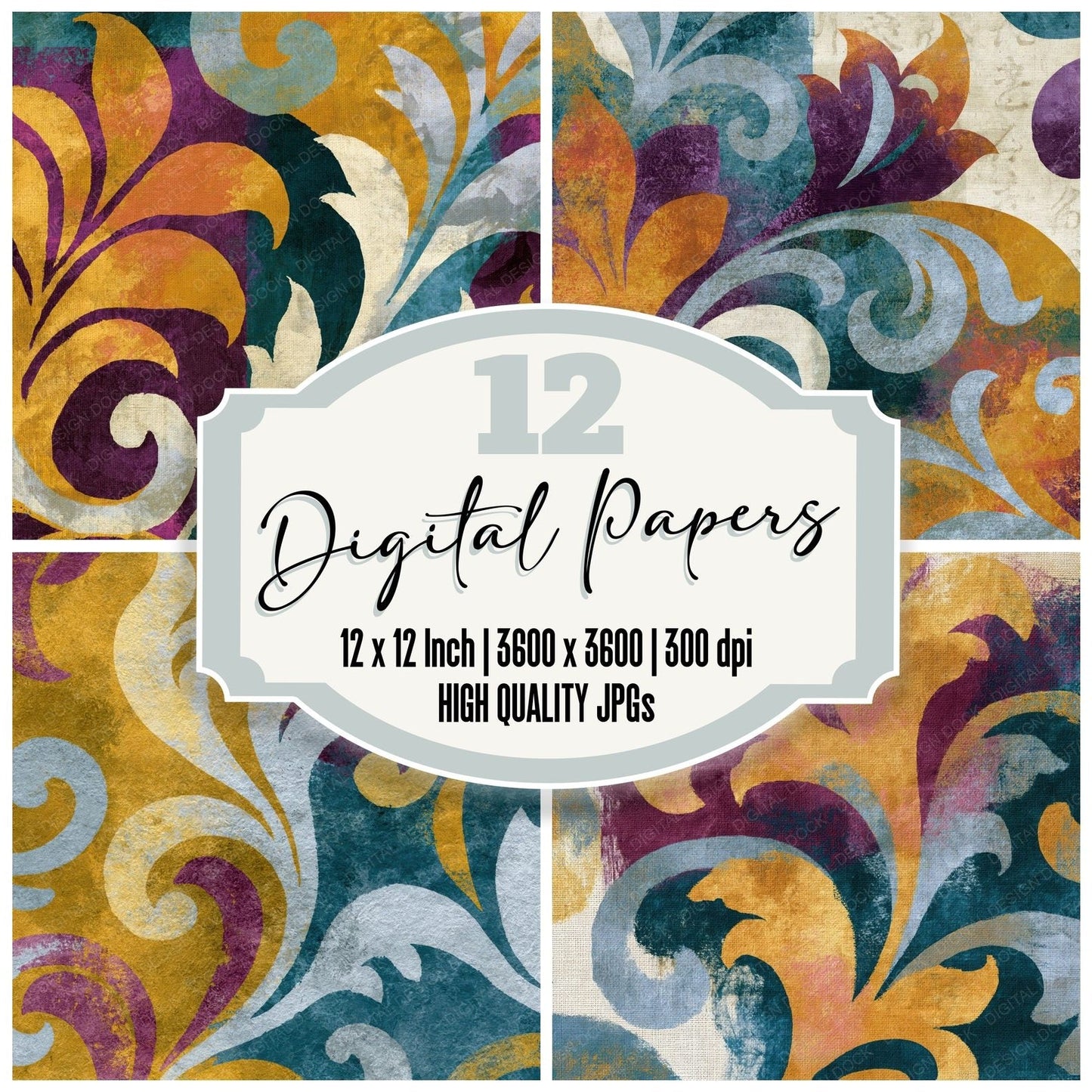 Rococo Ochre Plum Teal Abstract Digital Paper Pack (DDD014820)