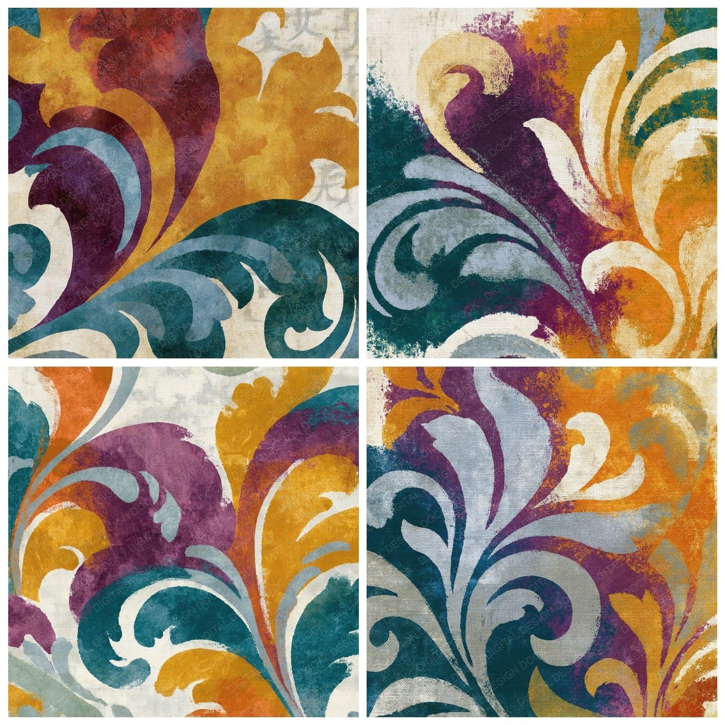 Rococo Ochre Plum Teal Abstract Digital Paper Pack (DDD014820)